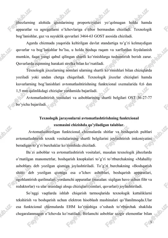 rish vositalari va asboblarning tarmoq standarti ost 36-27-77 bo’yicha shartli belgilar quyidagicha: jadval 1 asbob o’rnatiladigan joy shartli belgisi texnologik quvurlar, apparatlarda o’rnatiladigan mahalliy asbob, birlamchi o’lchov o’zgartgich (sezgir element), asbob va boshqalar. ( 10 shitda, pultlarda o’rnatiladigan o’lchov asbobi, rostlagich ( 10 ijrochi mexanizmning umumiy belgilanishi energiya yoki boshqarish signali berilishi to’xtatilganda rostlovchi organni ochadigan ijrochi mexanizm shape \* mergeformat energiya yoki boshqarish signali to’xtatilganda rostlovchi organni bekitadigan ijrochi mexanizm energiya yoki boshqarish signali to’xtatilganda rostlovchi organni o’zgarmas holatda saqlaydigan ijrochi mexanizm rostlash organi o’lchanayotgan kattalik harflar bilan ifodalanadigan shartli belgilari hamda asboblar bajaradigan funktciyalar (olingan axborotni ifodalash kirish chiqish signalini yaratish) i- jadvalda ifodalangan (ost-36-27-77). jadval 2. belgilar o’lchanayotgan kattalik asbob bajaradigan funktciya birinchi harfning asosiy qiymati qo’shimcha qiymat 1-chi harfning aniqlanadigan qiymati axborot ning ifodasi chiqish signali yaratish qo’shimcha qiymat 1 2 3 4 5 6 a - - signal berish - - s - - - …