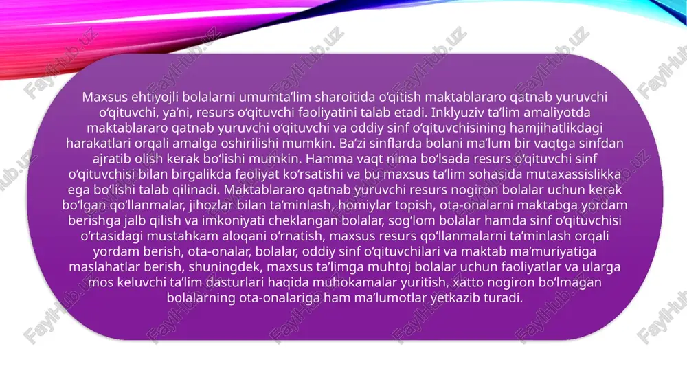 mni rivojlantirish bo‘yicha dastlabki hujjatlar qachon qabul qilingan? a) 2010-yilda b) 2017-yilda c) 2015-yilda d) 2019-yilda ✅ to‘g‘ri javob: b 2. inklyuziv ta’limning asosiy maqsadi nimadan iborat? a) maxsus ehtiyojli bolalarni alohida o‘qitish b) nogironligi bo‘lgan bolalarni jamiyatdan ajratish c) har bir bolaga teng ta’lim imkonini yaratish d) faqat sog‘lom bolalar uchun sharoit yaratish ✅ to‘g‘ri javob: c 3. “maxsus ta’lim to‘g‘risida”gi o‘zbekiston respublikasi qonuni qachon qabul qilingan? a) 2018-yil b) 2019-yil c) 2020-yil d) 2021-yil ✅ to‘g‘ri javob: c test savollari 4. inklyuziv ta’limda “resurs markazlari”ning asosiy vazifasi nima? a) sport mashg‘ulotlarini tashkil etish b) maxsus pedagogik yordam ko‘rsatish c) faqat test sinovlarini o‘tkazish d) o‘quvchilarni ajratish ✅ to‘g‘ri javob: b 5. inklyuziv ta’limda “pedagogik hamkorlik” deganda nimani tushunamiz? a) o‘qituvchi va ota-onaning hamkorligi b) faqat direktor faoliyati c) o‘quvchilar o‘rtasidagi raqobat d) test natijalarini tahlil qilish ✅ to‘g‘ri javob: a 6. inklyuziv ta’limda o‘qituvchining asosiy roli qanday? a) …