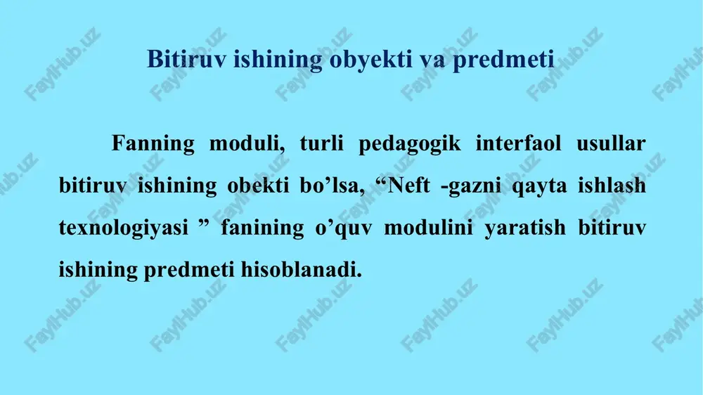 tarkibida aromatik uglevadorodlarni ko’pligi . o-imkoniyatlari ushbu jarayonda ko’p miqdorda vsgni ajralib chikishi va aromatik uglevadorodlarga boy maxsulotni olinishi. t-to’siqlari ushbu jarayonda olingan benzin maxsulotlari yevro talablarga javob bermaydi,chunki arotikani kup miqdorda bulishi. metod orqali erishiladigan natija o’qituvchi talaba 1. talabalarning o’tilgan mavzu bo’yicha egallagan bilimlari aniqlanadi. 1.mashg’ulot davomida olgan mahlumotlarini eslaydi va tahlil qiladi. 2.o’quv maqsadga erishganlik darajasini bilib oladi. 2. mantiqiy fikrlash qobiliyati o’sadi. 3. guruhni faollashtirishga erishadi, olingan mahlumotlarni qayta eslashga undaydi 3.mavzu yuzasidan olgan mahlumotlarini mustahkamlaydi. 4.berilgan ma’lumotlarni eslab qolish va esda saqlash malakasi shakllanadi. xulosalar e’tiboringiz uchun rahmat!