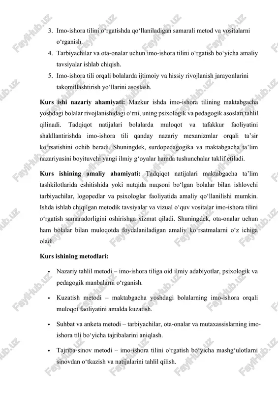 r, psixologik va pedagogik manbalarni o‘rganish. · kuzatish metodi – maktabgacha yoshdagi bolalarning imo-ishora orqali muloqot faoliyatini amalda kuzatish. · suhbat va anketa metodi – tarbiyachilar, ota-onalar va mutaxassislarning imo-ishora tili bo‘yicha tajribalarini aniqlash. · tajriba-sinov metodi – imo-ishora tilini o‘rgatish bo‘yicha mashg‘ulotlarni sinovdan o‘tkazish va natijalarini tahlil qilish. · taqqoslash metodi – imo-ishora tilini o‘rgatishning an’anaviy va innovatsion usullarini solishtirish. kurs ishi tuzulishi: kurs ishi kirish qismi, ikki bob, xulosa hamda foydalanilgan adabiyotlar ro‘yxatidan iborat. i- bob maktabgacha yoshdagi bolalarga imo ishora tilini o‘rgatishning nazariy asoslari 1.1. imo-ishora tili va uning lingvistik, psixologik hamda pedagogik mohiyati daktilologiya – kar va zaif eshituvchi bolalarning nutqining o‘ziga xos shaklidir. u so‘zlashuv nutqiga imo-ishora nutqiganisbatan yaqindir. u yozma xarakatga ko‘ra yozma nutqqa o‘xshab ketadi. uning vositalari grafik belgilar harflar emas, balki qo‘l, barmoq harakatlari hisoblanadi. o‘zbek tilining har bir harfi o‘zining harakatli ifodasiga egadir. karga daktil belgilarini uch guruhga tasniflash mumkin: • …