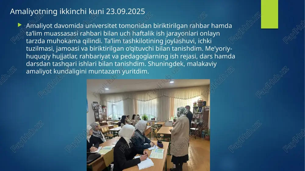 dim. shu bilan birga, malakaviy amaliyot kundaligini muntazam yuritdim. amaliyotning o’n to’rinchi kuni 8.10.2025 amaliyot davomida biriktirilgan va boshqa tajribali o‘qituvchilarning darslarida qatnashib, ularni davlat ta’lim standarti (dts) va o‘quv dasturi asosida tahlil qildim. shuningdek, o‘qituvchining darsdan tashqari tadbirlarida faol ishtirok etib, ularning samaradorligini baholadim. barcha bajarilgan ishlarni tizimli qayd etish maqsadida malakaviy amaliyot kundaligini muntazam yuritdim. amaliyotning o’n beshinchi kuni 9.10.2025 amaliyot davomida darslarga va darsdan tashqari mashg‘ulotlarga qatnashib, “bumerang”, “klaster” va “zinama-zina” metodlari yordamida dars ishlanmalarini tayyorladim. bolalar ishtirokida 2–3 ta dars va 1–2 ta darsdan tashqari tadbirlarni rejalashtirib, ularni o‘tkazdim. shuningdek, sinf rahbari bilan hamkorlikda 2–3 ta sinfdan tashqari tarbiyaviy tadbirlarni tashkil etib, muvaffaqiyatli o‘tkazdim. barcha ishlarni tizimli qayd etish maqsadida malakaviy amaliyot kundaligini muntazam yuritdim. amaliyotning o’n oltinchi kuni 10.10.2025 amaliyot davomida biriktirilgan va boshqa tajribali o‘qituvchilarning darslarida qatnashib, ularni davlat ta’lim standarti (dts) va o‘quv dasturi asosida tahlil qildim. shuningdek, o‘qituvchining darsdan tashqari tadbirlarida faol …