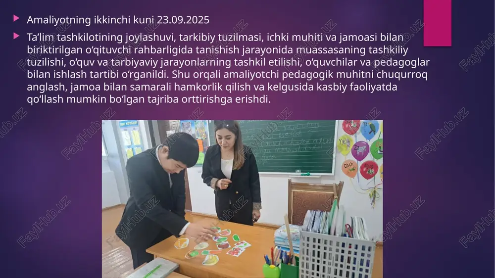 hki ro‘yxatga olingan, ijtimoiy-psixologik muammosi mavjud o‘quvchilar va pedagoglar bilan individual suhbatlar o‘tkazildi. ularning muammolarini aniqlash va yechim topishga yo‘naltirilgan maslahatlar berildi. shuningdek, “mavjud bo‘lmagan hayvon” proyektiv metodikasi o‘tkazildi va natijalari tahlil qilindi. ushbu metodika yordamida o‘quvchilarning shaxsiy xususiyatlari, hayotiy qarashlari hamda ichki hissiy holati tahlil qilindi va ularga individual yondashuv asosida tavsiyalar ishlab chiqildi. amaliyotning o’n oltinchi kuni 11.10.2025 biriktirilgan o‘qituvchi nazoratida tarbiyaviy tadbirlarga mustaqil tayyorgarlik ko‘rish jarayonida tadbirlarni rejalashtirish, vazifalarni taqsimlash va o‘quvchilarni faol jalb etish ko‘nikmalari shakllantirildi. shu orqali o‘quvchilarning ijtimoiy, ma’naviy va jamoaviy rivojlanishini ta’minlash usullari o‘rganildi hamda pedagogik tajriba orttirildi. amaliyotning o’n yettinchi kuni 11.10.2025 pedagogik va psixologik kuzatishlar natijalari bo‘yicha ma’lumotlarni yig‘ib, tahlil qilish jarayonida o‘quvchilarning individual xususiyatlari, qiziqishlari va faoliyatdagi ishtiroki o‘rganildi. ushbu jarayon orqali amaliyotchi pedagogik vaziyatlarni tahlil qilish, o‘quvchilarning ehtiyoj va qobiliyatlarini aniqlash hamda kelgusidagi dars va tadbirlarni samarali rejalashtirish ko‘nikmalarini mustahkamladi. xulosa: malakaviy amaliyot kundaligini yuritish jarayonida bajarilgan ishlar tizimli …