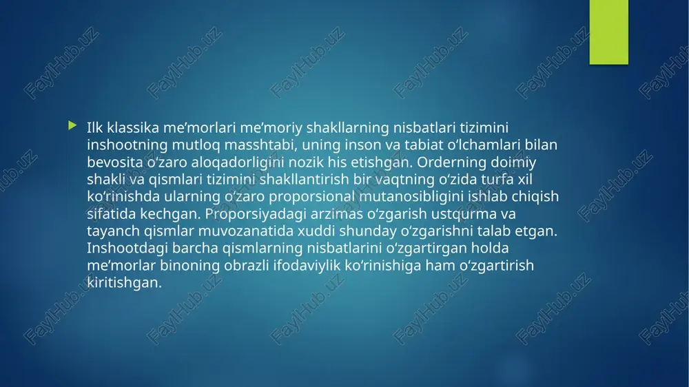 avrida amalga oshirilgan. erexteyon ibodatxonasi bundan mustasno bo‘lib uning qurilishi mil. av. 406 yilda yakuniga etgan. qayta qurilgan akropol afina dengiz qo‘shinining qudratini namoyish etish, yuqori darajada rivojlangan yunon 125 quldorlik demokratiyasining yetakchi g‘oyalarini belgilash bilan bir qatorda ilk marotaba yunoniston tarixida umumellin birdamligi g‘oyasini aks ettirishi lozim edi. majmua olijanob go‘zalllik, mahobatli ulug‘vorlik va me’yoriy uyg‘unlik bilan yo‘g‘rilgan. unda perkilning iftixor bilan tilga olgan “elladaning yuragi – afina”ni ko‘rish mumkin. image6.png image7.png image8.png image9.png image2.png image3.png image4.png image5.png /docprops/thumbnail.jpeg