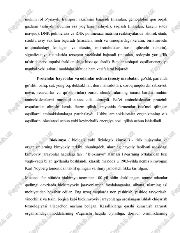 n esa yogʻlarni tashiydi), saqlash (masalan, kazein sutda mavjud). dnk polimeraza va rnk polimeraza matritsa reaktsiyalarida ishtirok etadi, strukturaviy vazifani bajaradi (masalan, soch va tirnoqlardagi keratin, biriktiruvchi toʻqimalardagi kollagen va elastin, mikrotubulalar hosil qiluvchi tubulin), signalizatsiya tizimlarida retseptor vazifasini bajaradi (masalan, rodopsin yorugʻlik taʼsirida nerv impulsi shakllanishiga hissa qoʻshadi). bundan tashqari, oqsillar energiya manbai yoki zaharli moddalar sifatida ham vazifalarni bajaradi. proteinlar hayvonlar va odamlar uchun (asosiy manbalar: goʻsht, parranda goʻshti, baliq, sut, yongʻoq, dukkaklilar, don mahsulotlari; ozroq miqdorda: sabzavot, meva, rezavorlar va qoʻziqorinlar) zarur, chunki ularning tanasi barcha muhim aminokislotalarni mustaqil sintez qila olmaydi. baʼzi aminokislotalar proteinli ovqatlardan olinishi kerak. hazm qilish jarayonida fermentlar isteʼmol qilingan oqsillarni aminokislotalarga parchalaydi. ushbu aminokislotalar organizmning oʻz oqsillarini biosintezi uchun yoki keyinchalik energiya hosil qilish uchun ishlatiladi. biokimyo ( biologik yoki fiziologik kimyo ) - tirik hujayralar va organizmlarning kimyoviy tarkibi, shuningdek, ularning hayotiy faoliyati asosidagi kimyoviy jarayonlar haqidagi fan . "biokimyo" atamasi …
