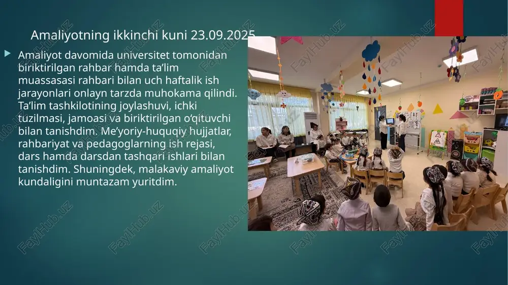 amaliyot kundaligini muntazam yuritdim. amaliyotning o’n to’rinchi kuni 8.10.2025 amaliyot davomida biriktirilgan va boshqa tajribali o‘qituvchilarning darslarida qatnashib, ularni davlat ta’lim standarti (dts) va o‘quv dasturi asosida tahlil qildim. shuningdek, o‘qituvchining darsdan tashqari tadbirlarida faol ishtirok etib, ularning samaradorligini baholadim. barcha bajarilgan ishlarni tizimli qayd etish maqsadida malakaviy amaliyot kundaligini muntazam yuritdim. amaliyotning o’n beshinchi kuni 9.10.2025 amaliyot davomida darslarga va darsdan tashqari mashg‘ulotlarga qatnashib, “bumerang”, “klaster” va “zinama-zina” metodlari yordamida dars ishlanmalarini tayyorladim. bolalar ishtirokida 2–3 ta dars va 1–2 ta darsdan tashqari tadbirlarni rejalashtirib, ularni o‘tkazdim. shuningdek, sinf rahbari bilan hamkorlikda 2–3 ta sinfdan tashqari tarbiyaviy tadbirlarni tashkil etib, muvaffaqiyatli o‘tkazdim. barcha ishlarni tizimli qayd etish maqsadida malakaviy amaliyot kundaligini muntazam yuritdim. amaliyotning o’n oltinchi kuni 10.10.2025 amaliyot davomida biriktirilgan va boshqa tajribali o‘qituvchilarning darslarida qatnashib, ularni davlat ta’lim standarti (dts) va o‘quv dasturi asosida tahlil qildim. shuningdek, o‘qituvchining darsdan tashqari tadbirlarida faol ishtirok etib, ularning samaradorligini baholadim. …
