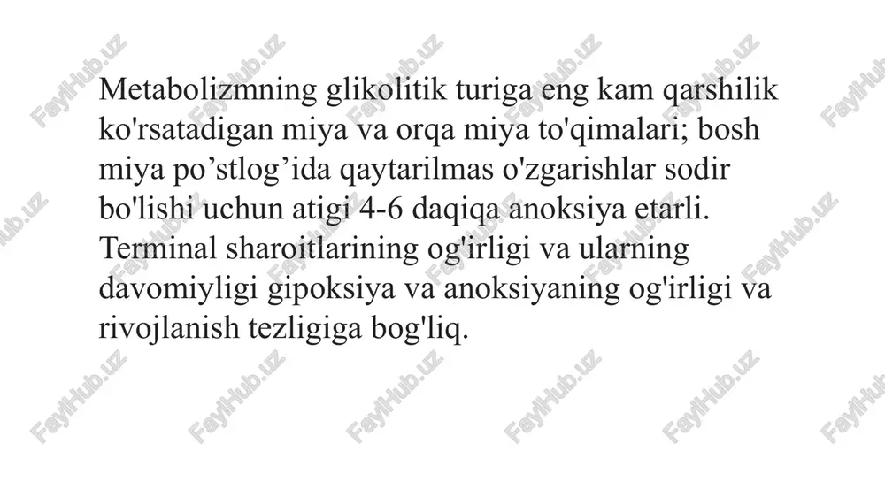 atsiya tadbirlari samaradorligining klinik ko'rsatkichlari aniqlanganda: yirik qon tomirlarda puls aniqlanganda- uyqu, son, va tirsak arteriyalarida sistolik arterial bosim 60 mm.sim.ust. ga yetganda teri va shilliq qavatlar pushti rangga kirganda ekg da yurak komplekslari aniqlanganda biologik o’lim ✅ klinik o’limdan keyingi holat biologik o’lim — o’limni yakunlovchi bosqich. biologik o’limda shoshilinch birinchi yordam ko’rsatish maqsadsiz hisoblanadi.. 4 biologik (yoki "haqiqiy") o'lim belgilariga quyidagilar kiradi: ongni xiralashishi va ko’z shox pardasi quruq; o’lim dog'lari keyinchalik paydo bo’ladi; yana bir aniq alomat: agar ko'zni ikkala chetidan bosib ko’rilsa, ko'z qorachig'i torayib, mushuknikiga o'xshaydi. djordj richmond – bog’dagi agoniya e’tiboringiz uchun rahmat image2.png media1.mp4 image4.png image5.png image6.jpg image7.png image8.jpg image9.jpg image10.jpg image11.png image12.png image13.png image14.jpeg image15.jpeg image16.jpeg image17.jpeg image18.jpeg image19.jpeg image20.jpeg image21.jpeg image22.gif image23.jpg image24.png image25.jpg image26.jpg image1.png