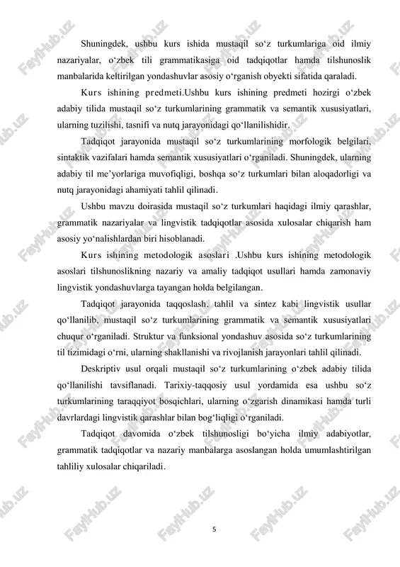 siy sintaktik vazifasi ega va to„ldiruvchi bo„lib, ular predikativ bog„lanish orqali kesim bilan uyg„unlashadi. sifat narsa yoki hodisaning belgisi, holati, rangi va shaklini bildiradi. qanday? qanaqa? nechanchi? so„roqlariga javob berib, ot bilan birgalikda qo„llanadi va aniqlovchi vazifasini bajaradi. 1 o„zbek tilida sifatlar darajalarga ega bo„lib, taqqoslash orqali predmetlarning belgi jihatidan farqlanishini ko„rsatadi. ularning sintaktik vazifasi asosan aniqlovchi bo„lsa-da, ba‟zi hollarda kesim yoki ikkinchi darajali gap bo„lagi bo„lib kelishi ham mumkin. son miqdor, tartib va taqsimni ifodalovchi so„z turkumi bo„lib, qancha? nechta? nechanchi? kabi so„roqlarga javob beradi. ular asosan ot bilan bog„lanib, aniqlovchi vazifasida keladi. o„zbek tilida sonlar turlicha tasniflanadi: butun sonlar, kasr sonlar, tartib sonlar, taxminiy sonlar kabi turlari mavjud. ularning qo„llanilishi gapning ma‟nosiga va mantiqiy bog„lanishiga ta‟sir ko„rsatadi. olmosh predmet, belgi yoki miqdorni bevosita emas, balki vositali shaklda bildiruvchi so„z turkumidir. olmoshlar o„rnini bosuvchi vazifaga ega bo„lib, ot, sifat va son o„rnida kelishi mumkin. o„zbek tilida olmoshlar shaxs olmoshlari, …