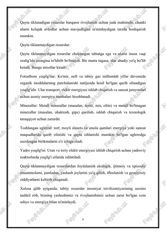 ridan tashqari ichki qiymatga ega. ular madaniy an'analar, ma'naviy e'tiqodlar va estetik qadrlash bilan chuqur bog'langan. tabiiy landshaftlar, yovvoyi tabiatning yashash joylari va rekreatsion zonalar dam olish, sayyohlik va madaniyatni boyitish uchun imkoniyatlar yaratadi, tabiat olam bilan bog'lanish tuyg'usini uyg'otadi, aqliy va jismoniy farovonlikni oshiradi. aslini olganda, tabiiy resurslar insoniyat sivilizatsiyasi uchun ajralmas bo'lib, jamiyatlar gullab-yashnashi va gullab-yashnashi uchun asos bo'lib xizmat qiladi. ularning ahamiyatini tan olish va ularni boshqarish uchun barqaror amaliyotlarni qabul qilish hozirgi va kelajak avlodlar farovonligini ta'minlash uchun muhim ahamiyatga ega. 3. qayta tiklanadigan resurslarning ko'pligi va taqsimlanishini baholash usullari qayta tiklanadigan resurslarning ko'pligi va taqsimlanishini baholash resurslarni samarali boshqarish va barqaror foydalanish uchun muhim ahamiyatga ega. qayta tiklanadigan resurslarning ko'pligi va taqsimlanishini baholash uchun turli usullar va usullar qo'llaniladi. quyida tez-tez ishlatiladigan yondashuvlar keltirilgan: masofaviy zondlash: sun'iy yo'ldosh tasvirlari va havodan o'rganishlardan foydalangan holda masofadan zondlash usullari qayta tiklanadigan resurslarning fazoviy taqsimoti va dinamikasi haqida …
