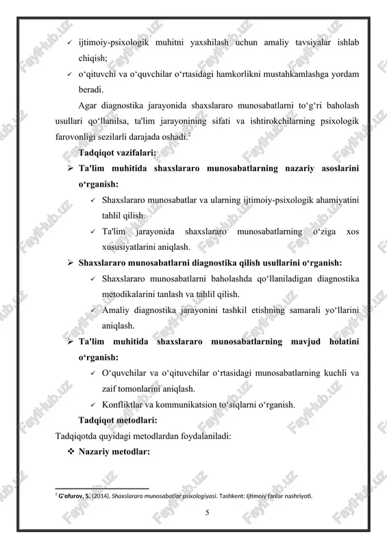 rini keng o‘rganishgan. · pedagogik muhitda shaxslararo munosabatlar: · o‘qituvchi va o‘quvchilar o‘rtasidagi munosabatlarning ta’lim jarayoniga ta’siri bo‘yicha tadqiqotlar p. i. tretyakov va n. v. kuzmina kabi olimlar tomonidan olib borilgan. ularning ishlari pedagogik jarayonda ijtimoiy-psixologik muhitning rolini tahlil qiladi. · shaxslararo munosabatlarni o‘lchash usullari: · l. a. petrovskaya, k. rodgers va r. blake kabi olimlar shaxslararo munosabatlarni o‘rganishda qo‘llaniladigan diagnostika metodlarini ishlab chiqqan. ular kommunikatsiya, hamkorlik va o‘zaro aloqalarning turli jihatlarini baholashga yo‘naltirilgan. · zamonaviy ta'limda munosabatlarni shakllantirish: · ta'lim muhitida psixologik farovonlikni ta'minlash va ijobiy munosabatlarni rivojlantirish masalalari m. montessori, d. dewey va boshqa zamonaviy tadqiqotchilar ishlarida aks etgan. · o‘zbek olimlarining hissasi: · o‘zbekistonlik pedagog va psixolog olimlar tomonidan ham shaxslararo munosabatlar o‘rganilgan. xususan, o‘quvchilar va o‘qituvchilar o‘rtasidagi aloqalarni yaxshilash bo‘yicha tavsiyalar berilgan. mavzu bo‘yicha ko‘plab ilmiy va amaliy tadqiqotlar amalga oshirilgan bo‘lsa-da, aynan ta'lim muhitida shaxslararo munosabatlarni diagnostika qilish va ularning rivojlanishiga oid kompleks tadqiqotlar davom …