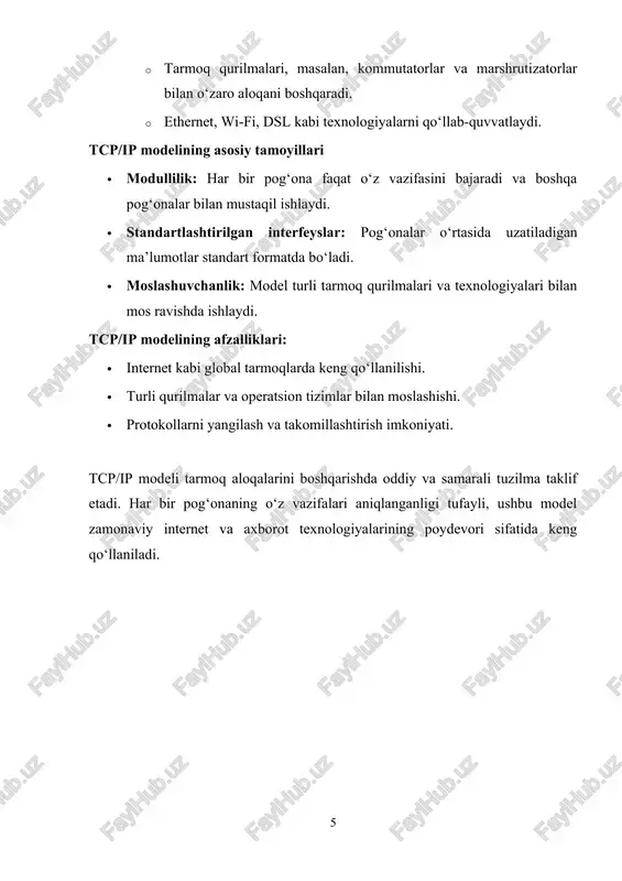 oson. · kamchiliklari: katta va murakkab tarmoqlarda samarador emas. 2. dinamik marshrutlash (dynamic routing): · marshrutlar avtomatik ravishda yangilanadi va tarmoqdagi o‘zgarishlarga moslashadi. · katta va o‘zgaruvchan tarmoqlarda qo‘llaniladi. · afzalliklari: tarmoqdagi muammolarga tez moslashadi. · kamchiliklari: ko‘proq hisoblash resurslari talab qilinadi. dinamik marshruting protokollari dinamik marshrutlashda ishlatiladigan protokollarni ikki asosiy guruhga bo‘lish mumkin: 1. ichki tarmoq (igp - interior gateway protocol): · bitta avtonom tizim ichida ishlaydi. · misol: ospf (open shortest path first), rip (routing information protocol), eigrp (enhanced interior gateway routing protocol). 2. tashqi tarmoq (egp - exterior gateway protocol): · turli avtonom tizimlar o‘rtasidagi marshrutlash uchun ishlatiladi. · misol: bgp (border gateway protocol). mashhur marshruting protokollari va ishlash printsiplari 1. rip (routing information protocol): · eng qadimgi dinamik marshrutlash protokollaridan biri. · yo‘nalishlar soniga asoslanib eng qisqa yo‘lni tanlaydi (hop count). · cheklovi: maksimal yo‘nalishlar soni 15 bilan chegaralangan, bu esa katta tarmoqlar uchun mos emas. …