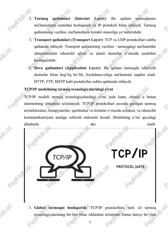 tarmoqda turli xil turdagi manzil ajratish (klasslar) va tarmoqni alohida segmentlarga ajratish orqali samarali ishlatish imkoniyatlari yaratilgan. masalan: · a sinfi: 1.0.0.0 - 127.255.255.255 (kengaytirilgan tarmoq uchun) · b sinfi: 128.0.0.0 - 191.255.255.255 (o‘rta kattalikdagi tarmoq uchun) · c sinfi: 192.0.0.0 - 223.255.255.255 (kichik tarmoq uchun) nat (network address translation) nat (network address translation) — bu tarmoqda bir yoki bir nechta ichki manzillarni (masalan, lan tarmog‘idagi ip manzillarni) tashqi tarmoqda (internet) ishlatiladigan yagona ip manziliga tarjima qilish jarayonidir. bu texnologiya, ipv4 manzillari cheklanganligi muammosini hal qilishda yordam beradi, chunki bir nechta qurilmalar yagona tashqi ip manzil orqali internetga ulanishi mumkin. nat ikki asosiy usulda ishlaydi: · static nat: bu turda, ichki tarmoqdagi har bir ip manziliga tashqi tarmoqdagi alohida ip manzili tayinlanadi. bu holatda, ichki va tashqi manzillar bir-biriga doimiy tarzda bog‘lanadi. masalan, ichki tarmoqdagi 192.168.1.10 manzili tashqi tarmoqda 203.0.113.10 manziliga tarjima qilinadi. · dynamic nat: bu turda, ichki tarmoqdagi …