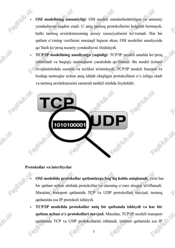 oshqaradi va har bir qurilma yoki tarmoq nuqtasining noyob manzilini taqdim etadi. · ipv4: 32-bitli manzillarni ishlatadi va to‘rt qismga ajratilgan raqamlar bilan ifodalanadi (masalan, 192.168.0.1). · ipv6: 128-bitli manzillarni ishlatadi va uzunroq raqamlar va harflardan iborat bo‘ladi, bu esa ko‘proq qurilmalarni manzillash imkoniyatini beradi. paketlarni segmentlarga ajratish (segmentation and reassembly) tarmoq pog‘onasi, agar ma'lumot paketi tarmoq orqali uzatilayotgan tarmoq qurilmalarining maksimal paket o‘lchamidan katta bo‘lsa, uni kichikroq segmentlarga ajratadi. paketlar uzatishda yirik o‘lchamdagi ma'lumotlar tarmoq qurilmalarining cheklovlariga to‘g‘ri kelmasligi mumkin, shuning uchun bu katta paketlar segmentlarga bo‘linadi va manzilga yetib borganidan so‘ng qayta birlashtiriladi. tarmoq aloqasining ishonchliligini ta'minlash tarmoq pog‘onasi paketlarni yuborishda, agar kerak bo‘lsa, ularni qayta yuborish yoki yo‘qotilgan paketlarni aniqlashni amalga oshiradi. biroq, osi modelining yuqori qatlamlari, masalan, transport qatlamidagi tcp protokoli, bu jarayonni yanada mukammal ta'minlaydi. tarmoq pog‘onasi o‘zida aniqlangan xatoliklarni kiritish va tarmoqdagi boshqa noxush holatlarni yengillashtirish uchun zarur mexanizmlarni taqdim etadi. qo‘llab-quvvatlash va tarmoq …