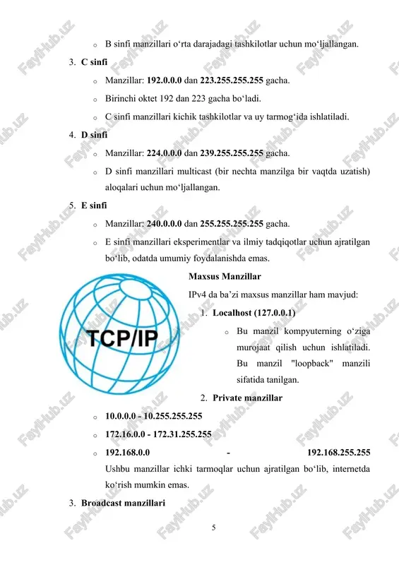 hu tarmoqdagi qurilmalar o‘rtasida aloqani ta’minlaydi. · link-local manzillar uchun oraliq: fe80::/10 5. unique local address (ula) · bu manzillar ichki tarmoqlar uchun ajratilgan bo‘lib, internetda ishlatilmaydi. ular tarmoqni ichki aloqa uchun ta’minlashda qo‘llaniladi. · masalan: fc00::/7 oraliqdagi manzillar. ipv6 manzillarini yaratish ipv6 manzillarini yaratish uchun global unicast address (gua) va link-local address (lla) kabi asosiy turlar mavjud. bu manzillarni qanday aniqlashni tushuntirish uchun ularning tarkibini batafsil ko‘rib chiqamiz. 1. global unicast address (gua) · global unicast manzillari internetdagi barcha tarmoq qurilmalari tomonidan global tarmoqda ishlatiladi. bu manzillarning boshlanish qismi 2 bit "001" bilan boshlanadi, ya’ni ularning oraliqlari 2000::/3 bo‘ladi. 2. link-local address (lla) · link-local manzillari faqat bitta tarmoq segmenti ichida ishlaydi va avtomatik ravishda qurilmalarda yaratiladi. bu manzillar "fe80::/10" oraliqda joylashgan bo‘ladi. ipv6 va ipv4 o‘rtasidagi farqlar ipv6 ning asosiy afzalliklari quyidagilardan iborat: 1. manzil makoni · ipv4 da faqat 4.29 milliard manzil mavjud bo‘lsa, ipv6 da 3.4 …