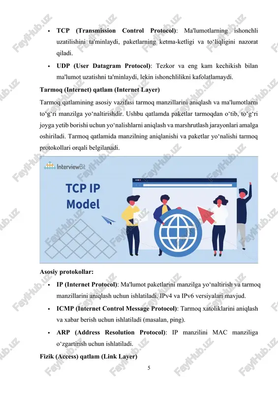lumotlarni marshrutlash: tarmoq qatlamida, paketlar yo‘nalish belgilovchilari (routerlar) orqali kerakli manzilga yo‘naltiriladi. bu bosqichda paketlar bir tarmoqdan boshqasiga o‘tadi, va har bir router tarmoqdan o‘tishdan oldin ma'lumot paketining yo‘nalishini aniqlaydi. fizik qatlamda ma'lumotlarni uzatish 5. fizik qatlamga o‘tish: tarmoq qatlamidan keyin ma'lumotlar fizik qatlamga uzatiladi. fizik qatlamda, ma'lumotlar signalga aylantiriladi va tarmoq orqali uzatiladi. bu qatlamda ethernet, wi-fi, yoki boshqa uzatish texnologiyalaridan foydalaniladi. ma'lumotlar ethernet kabeli yoki simsiz texnologiyalar (masalan, wi-fi) orqali tarmoq qurilmalari o‘rtasida yuboriladi. · ethernet orqali ma'lumotlar simli tarmoqda, wi-fi orqali esa simsiz tarmoqda uzatiladi. bu bosqichda ma'lumotlar fizik medium orqali raqamli yoki analog signalga aylantiriladi va uzatiladi. ma'lumotni manzilgacha yetkazish 6. qaytadan tarmoq qatlamiga qaytish: ma'lumot, to‘g‘ri manzilga yetib borganidan so‘ng, u tarmoq qatlamida yana qayta ishlanadi va ma'lumotlar qabul qiluvchi qurilmaga yetkaziladi. tarmoq orqali o‘tgan ma'lumotlar avvalgi bosqichlarda, ayniqsa, transport qatlamida aniqlangan xavfsizlik va ketma-ketlikni nazorat qilish mexanizmlari orqali tekshiriladi. 7. fizik qatlamda qabul qilish: …