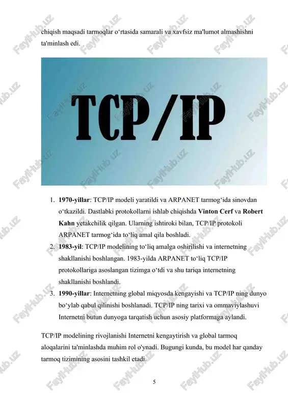 pog‘onasi protokollari xavfsizlikni ta'minlash uchun maxsus texnologiyalarni o‘z ichiga oladi. masalan, tarmoqni himoya qilish uchun paketlarni shifrlash yoki autentifikatsiya qilish kabi imkoniyatlarni taqdim etishi mumkin. tarmoq pog‘onasi protokollari tarmoq pog‘onasi turli protokollarni o‘z ichiga oladi, ular orasida: · ethernet (kabelli tarmoqlar uchun) · wi-fi (simli tarmoqlar uchun) · ppp (point-to-point protocol) (dial-up aloqalari uchun) · bluetooth (yopiq tarmoqlar uchun) tarmoq pog‘onasi orqali amalga oshiriladigan yuqoridagi vazifalar tarmoqning samarali, xavfsiz va to‘g‘ri ishlashini ta'minlash uchun zarurdir. bu qatlam tarmoqdagi fizik aloqalarni qo‘llab-quvvatlaydi va yuqori qatlamlar bilan hamkorlikda ma'lumotlarni uzatishni tashkil etadi. 3. tcp/ip modelining hozirgi zamon tarmoqlaridagi o'rni tcp/ip modeli zamonaviy tarmoqlarning asosini tashkil etadi va internetni yaratishdan tortib, butun dunyo bo'ylab ma'lumot uzatishni ta'minlashda muhim rol o'ynaydi. bu modelning asosiy afzalligi, uning universal bo‘lib, turli tarmoqlar o‘rtasida o‘zaro aloqani ta'minlashiga imkon yaratadi. bugungi kunda tcp/ip modeli har qanday tarmoq infratuzilmasining ajralmas qismi bo‘lib, u ko‘plab kommunikatsiya texnologiyalarini o‘z ichiga oladi. …