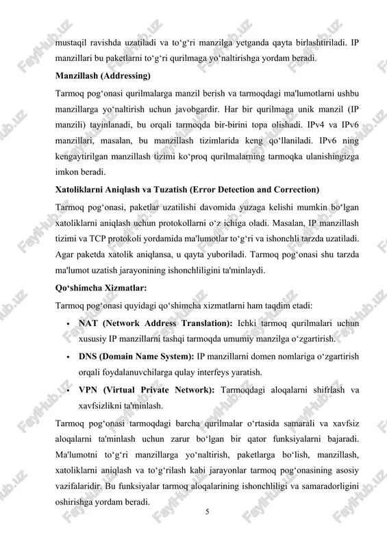 oqdagi barcha qurilmalarga ma'lumot yuboradi. 4. private va public manzillar – private manzillar ichki tarmoqlarda ishlatiladi, ular internetga to‘g‘ridan-to‘g‘ri bog‘lanmaydi. masalan, 192.168.x.x, 10.x.x.x va 172.16.x.x-172.31.x.x. public manzillar esa internetda ishlatiladi va ular butun dunyo bo‘yicha noyob bo‘lishi kerak. ipv4 ishlash prinsipi ipv4 manzili, tarmoq orqali ma'lumotlarni samarali uzatish va to‘g‘ri manzilga yetkazish uchun quyidagi prinsiplarga asoslanadi: 1. paketga bo‘lish – ma'lumotlar paketlarga bo‘linadi. har bir paketda manzil (source ip va destination ip) va ma'lumotlar bo‘ladi. 2. yo‘nalish (routing) – tarmoq qurilmalari, masalan, routerlar, ma'lumot paketlarini to‘g‘ri manzilga yo‘naltiradi. paketlar, routerlar orqali o‘tganidan so‘ng, manzilga yetkaziladi. 3. qo‘llashning tartibi – har bir ip manzili xost va tarmoq qismlariga bo‘lingan. xostlar o‘z tarmoqlarida o‘zaro aloqada bo‘lishadi, tarmoqlar o‘rtasida esa paketlar routerlar yordamida yo‘naltiriladi. ipv4 manzillarining kamchiliklari ipv4 manzillarining cheklangan miqdori mavjud. 32-bitli tizim tufayli, jami 4.3 milliard manzil mavjud bo‘lsa-da, bu manzillar tobora kamroq bo‘layapti. shuning uchun, ipv4 tizimida ba'zi manzillarni qayta …