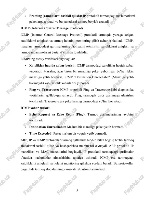 5.255.255.255 · tarmoq prefixi: tadqiqot va eksperimentlar uchun ajratilgan. · klass e manzillari faqat ilmiy va tajriba ishlari uchun ajratilgan va umumiy foydalanish uchun emas. subnetting (subtarmoqlarga ajratish) subnetting - bu ip manzillarini kichikroq tarmoqlarga bo‘lish jarayonidir. subnetting yordamida tarmoqni samarali boshqarish, resurslarni taqsimlash va xavfsizlikni yaxshilash mumkin bo‘ladi. subnetting, masalan, tarmoqda bo‘linadigan ip manzillarining o‘zaro bog‘lanishini boshqarish imkonini beradi. bu jarayon quyidagi elementlar orqali amalga oshiriladi: · subnet mask (subnet maskasi): subnet maskasi tarmoq va host qismlarini ajratish uchun ishlatiladi. masalan, 255.255.255.0 subnet maskasi /24 prefixi bilan ifodalanadi. bu maska tarmoqdagi manzillarning nechta bitini tarmoq qismi, nechta bitini esa host qismi uchun ajratilganligini belgilaydi. · subnetting jarayoni: ip manzillarini subnet maskasi yordamida bo‘lish orqali tarmoqni kichik qismlarga ajratish mumkin. masalan, agar bir tarmoqda 1000 qurilma bo‘lsa, ularni kichik tarmoqlarga ajratish orqali har bir tarmoqda optimal sonli qurilmalar bo'lishi mumkin. · subnet maskasi misol: · ip manzili: 192.168.1.0 · subnet …