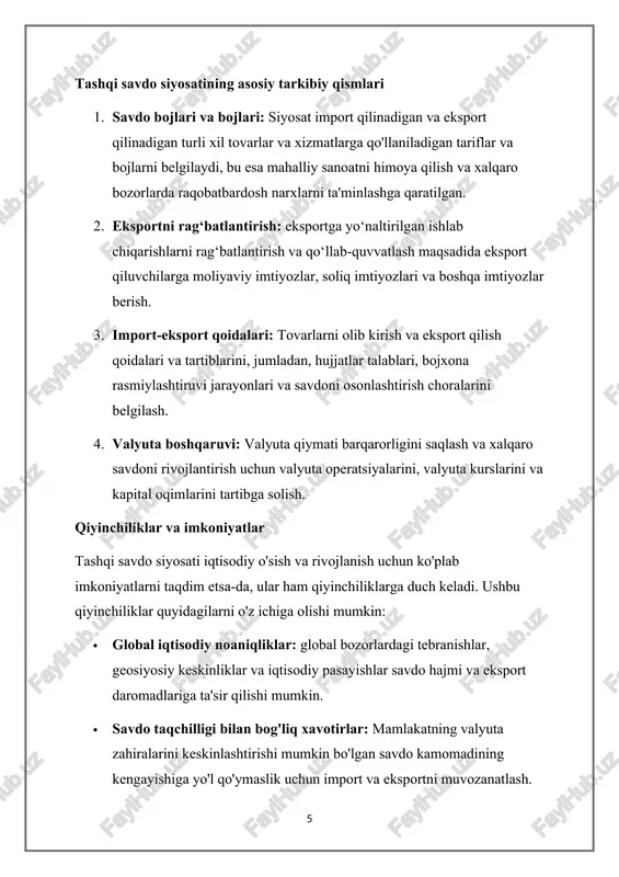 bog'liq xavotirlar: mamlakatning valyuta zahiralarini keskinlashtirishi mumkin bo'lgan savdo kamomadining kengayishiga yo'l qo'ymaslik uchun import va eksportni muvozanatlash. · siyosatni amalga oshirish: siyosat choralarini samarali amalga oshirishni ta'minlash, byurokratik to'siqlarni bartaraf etish va siyosiy qarorlarda izchillikni saqlash. ushbu qiyinchiliklarga qaramay, puxta ishlab chiqilgan tashqi savdo siyosati savdoni kengaytirish, texnologik taraqqiyot va iqtisodiy farovonlik uchun yangi yo'llarni ochishi mumkin. ushbu muammolarni faol hal qilish va imkoniyatlardan foydalanish orqali mamlakatlar barqaror o'sish va rivojlanishni ta'minlash uchun xalqaro savdoning to'liq salohiyatidan foydalanishlari mumkin. xulosa: xulosa qilib aytganda, tashqi savdo siyosati mamlakatning iqtisodiy manzarasini shakllantirishda va uning jahon hamjamiyatiga aloqadorligida hal qiluvchi rol o'ynaydi. eksportni rag‘batlantirish, xorijiy sarmoyalarni jalb qilish, savdo aloqalarini mustahkamlash va raqobatbardoshlikni oshirishga e’tibor qaratgan holda, mustahkam tashqi savdo siyosati iqtisodiy o‘zgarishlar uchun katalizator bo‘lishi mumkin. biroq, global savdo dinamikasining murakkabliklarini samarali boshqarish uchun doimiy baholash, moslashuvchanlik va strategik rejalashtirishni talab qiladi. tashqi savdo siyosati tashqi savdo siyosati - bu mamlakatning …