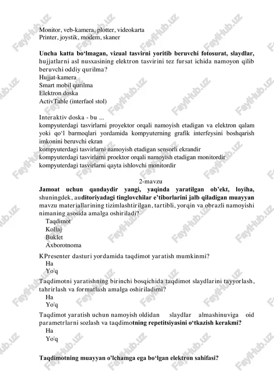 dizayn mavzusi (tema) maket shablon o‘ziga xos reklama roliklarining bir turi bo‘lib, ular turli xil ko‘rgazmalarda keng qo‘llaniladigan, tugallangan axborot mahsulotlari? uzluksiz taqdimotlar chiziqli taqdimotlar stsenariyli taqdimotlar interaktiv taqdimotlar slaydlar namoyishi ma’ruzachi tomonidan muayyan stsenariy asosida boshqariladigan taqdimotlar? stsenariyli taqdimotlar uzluksiz taqdimotlar chiziqli taqdimotlar interaktiv taqdimotlar ms powerpoint dasturi oynasida menyuning glavnaya bandi qaysi panellarni o'z ichiga oladi? bufer obmena, slaydi, shrift, abzats, risovanie, redaktirovanie bufer obmena, slaydi, tablitsi, izobrajeniya, risovanie, redaktirovanie slaydi, tablitsi, izobrajeniya, illyustratsii, ssilki, primechanie, tekst, cimvoli, multimedia powerpoint dasturi oynasining qaysi menyu bandida sozdat (noviy) slayd buyrug‘iga mos tugma joylashgan? menyuning glavnaya bandi lentasining slaydi panelida, menyuning vstavka bandi lentasining slaydi panelida menyuning vid bandi lentasidagi obichniy panelida menyuning konstruktor bandi lentasidagi nastroit panelida menyuning vstavka bandi lentasining multimedia panelida powerpoint dasturida slaydlar maketini tanlash qaysi buyruqlar ketma- ketligi yordamida amalga oshiriladi? glavnaya/slaydi/maket vstavka/slaydi/maket vid/obichniy/maket konstruktor/nastroit/maket ms powerpoint oynasining qaysi menyu bandida slaydlar foni, rangi va …