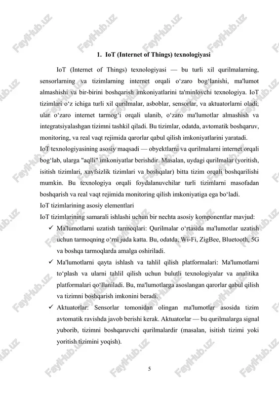 alar orqali kuzatish va eshiklarni masofadan boshqarish imkoniyatlarini taqdim etadi, bu esa uylar va foydalanuvchilarning xavfsizligini oshiradi. · avtomatlashtirish: iot qurilmalari avtomatik ravishda boshqarish tizimlarini yaratadi, bu esa foydalanuvchining vaqtini tejashga va hayot sifatini yaxshilashga yordam beradi. · uzluksiz monitoring va real vaqt rejimi: iot qurilmalari real vaqt rejimida monitoring qilish imkoniyatlarini taqdim etadi, bu esa tizimlarning samarali boshqarilishini ta'minlaydi. · tizimlarni masofadan boshqarish: iot texnologiyalari foydalanuvchilarga tizimlarini masofadan boshqarish imkoniyatlarini beradi. masalan, telefon yoki kompyuter orqali yoritishni, isitishni yoki xavfsizlik tizimlarini nazorat qilish. iot texnologiyalarining qo‘llanilish sohalari: iot texnologiyalari turli sohalarda keng qo‘llanilmoqda. ba'zi asosiy sohalar quyidagilar: · aqlli uylar: yoritish tizimlari, isitish va sovutish tizimlari, xavfsizlik tizimlari va boshqa qurilmalarni boshqarish. · sog‘liqni saqlash: tibbiy qurilmalar va monitorlar orqali bemorlarning holatini kuzatish va tahlil qilish. · qishloq xo‘jaligi: o‘simliklar va hayvonlarni kuzatish, urug‘larni sug‘orish tizimlari va boshqalar. · sanoat: ishlab chiqarish jarayonlarini avtomatlashtirish, qurilmalarni monitoring qilish va texnik …