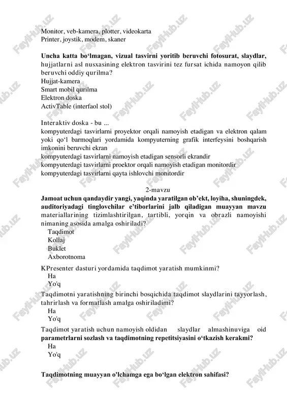 dizayn mavzusi (tema) maket shablon o‘ziga xos reklama roliklarining bir turi bo‘lib, ular turli xil ko‘rgazmalarda keng qo‘llaniladigan, tugallangan axborot mahsulotlari? uzluksiz taqdimotlar chiziqli taqdimotlar stsenariyli taqdimotlar interaktiv taqdimotlar slaydlar namoyishi ma’ruzachi tomonidan muayyan stsenariy asosida boshqariladigan taqdimotlar? stsenariyli taqdimotlar uzluksiz taqdimotlar chiziqli taqdimotlar interaktiv taqdimotlar ms powerpoint dasturi oynasida menyuning glavnaya bandi qaysi panellarni o'z ichiga oladi? bufer obmena, slaydi, shrift, abzats, risovanie, redaktirovanie bufer obmena, slaydi, tablitsi, izobrajeniya, risovanie, redaktirovanie slaydi, tablitsi, izobrajeniya, illyustratsii, ssilki, primechanie, tekst, cimvoli, multimedia powerpoint dasturi oynasining qaysi menyu bandida sozdat (noviy) slayd buyrug‘iga mos tugma joylashgan? menyuning glavnaya bandi lentasining slaydi panelida, menyuning vstavka bandi lentasining slaydi panelida menyuning vid bandi lentasidagi obichniy panelida menyuning konstruktor bandi lentasidagi nastroit panelida menyuning vstavka bandi lentasining multimedia panelida powerpoint dasturida slaydlar maketini tanlash qaysi buyruqlar ketma-ketligi yordamida amalga oshiriladi? glavnaya/slaydi/maket vstavka/slaydi/maket vid/obichniy/maket konstruktor/nastroit/maket ms powerpoint oynasining qaysi menyu bandida slaydlar foni, rangi va maxsus …