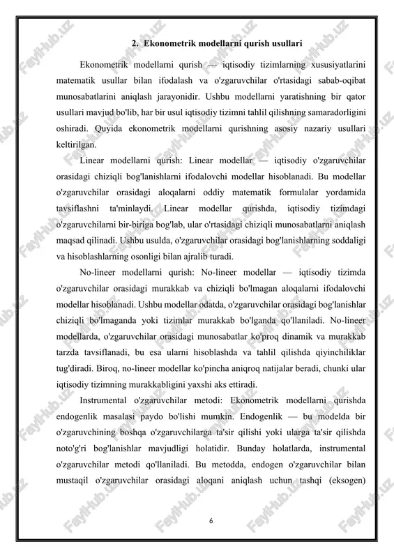 iklar bo'yicha yig'ilgan vaqt qatorlari ma'lumotlaridan iboratdir. panel ma'lumotlar modellarini qurish usuli iqtisodiy tizimlarning o'zgarishini va ularning vaqt davomida qanday o'zgarishini yaxshiroq tushunishga yordam beradi. bu metodda, bir nechta ob'ektlar ustida vaqt o'tishi bilan ma'lumotlar yig'iladi va turli parametrlarga ta'sir qiluvchi omillar o'rganiladi. panel ma'lumotlar modellari yordamida, ob'ektlarning o'ziga xos xususiyatlari va vaqt o'zgarishlari tahlil qilinadi. ushbu metod ikki asosiy modelga asoslanadi: fiksatsiyalangan effektlar modeli va tasodifiy effektlar modeli. taqsimot tahlili va regressiya modellarini kengaytirish: ekonometrik modellarni qurishda, regressiya tahlili asosiy usul hisoblanadi. regressiya tahlili bir yoki bir nechta mustaqil o'zgaruvchilar yordamida bog'liq o'zgaruvchini prognoz qilishni ta'minlaydi. ushbu usulda ko'plab parametrlar va o'zgaruvchilarni o'rganish va ularning o'zaro bog'lanishlarini tahlil qilish mumkin. regressiya modellarini kengaytirish orqali, masalan, logit va probit modellari yordamida diskret natijalar, ya'ni 0 yoki 1 kabi qiymatlarni prognoz qilish mumkin. shu bilan birga, vaqt qatorlari tahlili yordamida, o'zgaruvchilarning vaqt davomida qanday o'zgarishini prognoz qilish mumkin. markov zanjirlar modellari: …