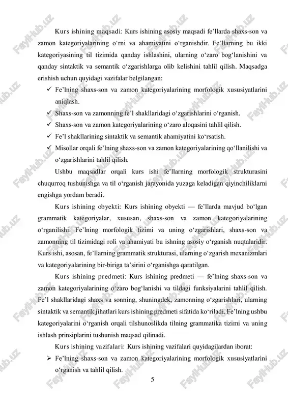 ularning sintaktik va semantik jihatlarini o‘rganish.  feʼlning shaxs-son va zamon kategoriyalarining qo‘llanilishiga oid misollarni keltirish va ularni tahlil qilish.  feʼllarda shaxs-son va zamonning o‘zaro bog‘liqligini ko‘rsatib beruvchi tilshunoslik nuqtai nazaridan xulosalar chiqarish. kurs ishining nazariy ahamiyati: kurs ishining nazariy ahamiyati shundaki, feʼllarda shaxs-son va zamon kategoriyalarining o‘rganilishi tilning morfologik tizimini yanada chuqurroq tushunishga yordam beradi. ushbu kategoriyalarni o‘rganish tilshunoslikda grammatika va sintaksisning asosiy jihatlarini tushunishga imkon yaratadi. feʼlning shaxs-son va zamon kategoriyalarini o‘rganish nafaqat grammatika tuzilishini, balki tilni samarali va to‘g‘ri ishlatish imkoniyatlarini ham oshiradi. bundan tashqari, bu ish orqali feʼlning o‘zgarishlarini o‘rganishning ilmiy ahamiyati bor. shaxs-son va zamon kategoriyalarining o‘zaro aloqasi va ularning sintaktik va semantik o‘zgarishlari til o‘rganish va tarjima jarayonida muhim rol o‘ynaydi. shuningdek, bu mavzu tilning rivojlanishini va evolyutsiyasini tushunishda ham qimmatli ilmiy manba bo‘lib xizmat qiladi.3 kurs ishining tuzilmasi: tadqiqot quyidagi bo‘limlardan iborat: uchta bob , 6 ta bo‘lim , xulosa , foydalanilgan …