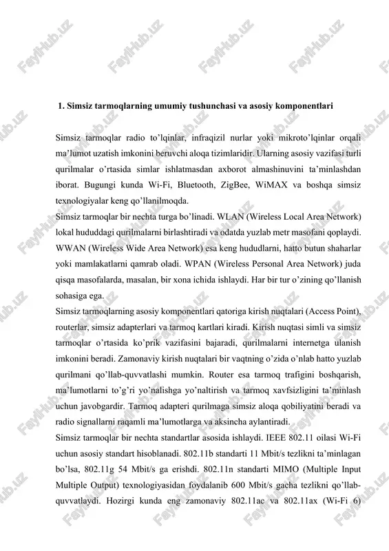 archa qurilmalarga bir xilda qo’llaniladi. to’rtinchidan, foydalanuvchilar uchun ulanish jarayoni juda oddiy. beshinchidan, zamonaviy kirish nuqtalari qos (quality of service) funksiyasini qo’llab-quvvatlab, muhim trafik uchun ustuvorlik berishi mumkin. biroq bu topologiyaning kamchiliklari ham mavjud. kirish nuqtasi ishdan chiqsa, butun tarmoq to’xtaydi, chunki barcha aloqa shu orqali amalga oshiriladi. bu yagona nuqtadagi nosozlik muammosidir. bundan tashqari, kirish nuqtasining qamrovi cheklangan bo’lib, odatda yopiq binolarda 30-50 metr, ochiq maydonda 100-150 metr atrofida. keng hududlarni qoplash uchun bir necha kirish nuqtasi o’rnatish zarur, bu esa xarajatlarni oshiradi. shuningdek, ko’p qurilmalar bitta kirish nuqtasiga ulanganda tarmoq tezligi pasayishi mumkin. ad-hoc yoki nuqtadan-nuqtaga rejimida qurilmalar bevosita bir-biri bilan aloqa qiladi, kirish nuqtasi kerak bo’lmaydi. har bir qurilma ham uzatuvchi, ham qabul qiluvchi vazifasini bajaradi. bu topologiya tezkor vaqtinchalik tarmoqlar tashkil qilish uchun qulay, masalan, fayllarni bir kompyuterdan ikkinchisiga uzatishda, printer ulashda yoki o’yinlar o’ynashda. ad-hoc tarmoqlari peer-to-peer tarmoqlar deb ham ataladi, chunki barcha qurilmalar teng …