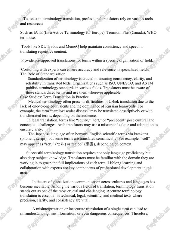 rminology translation requires not only language proficiency but also deep subject knowledge. translators must be familiar with the domain they are working in to grasp the full implications of each term. lifelong learning and collaboration with experts are key components of professional development in this area. in the era of globalization, communication across cultures and languages has become inevitable. among the various fields of translation, terminology translation stands out as one of the most crucial and challenging. accurate terminology translation is essential in technical, legal, scientific, and medical texts where precision, clarity, and consistency are vital. a misinterpretation or inaccurate translation of a single term can lead to misunderstanding, misinformation, or even dangerous consequences. therefore, translators must possess not only linguistic competence but also domain-specific knowledge and familiarity with terminological standards. this research explores the various dimensions of terminology translation, analyzing the nature of terms, the difficulties translators encounter, and …