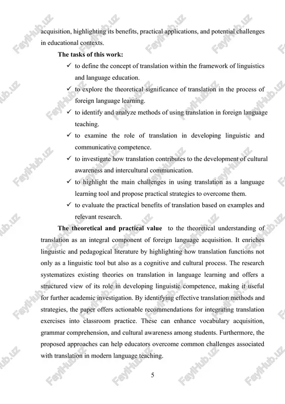 anslation in teaching. the descriptive method explained how translation is applied in practice. observations from language learning settings were also included to understand the impact of translation. finally, an analytical method was used to evaluate results and draw conclusions. the structure of this course work consists of introduction, two main chapters, conclusion, resume and the list of used literature. chapter i. theoretical foundations of translation and foreign language acquisition 1.1 the concept of translation in linguistics translation is a fundamental concept in linguistics that involves transferring meaning from one language to another. it is not limited to replacing words but also requires preserving the original message, context, and cultural elements. linguists such as eugene nida, roman jakobson, and peter newmark have emphasized that translation is both a linguistic and cultural process. jakobson, for instance, categorized translation into three types: intralingual (within the same language), interlingual (between languages), and intersemiotic (between …
