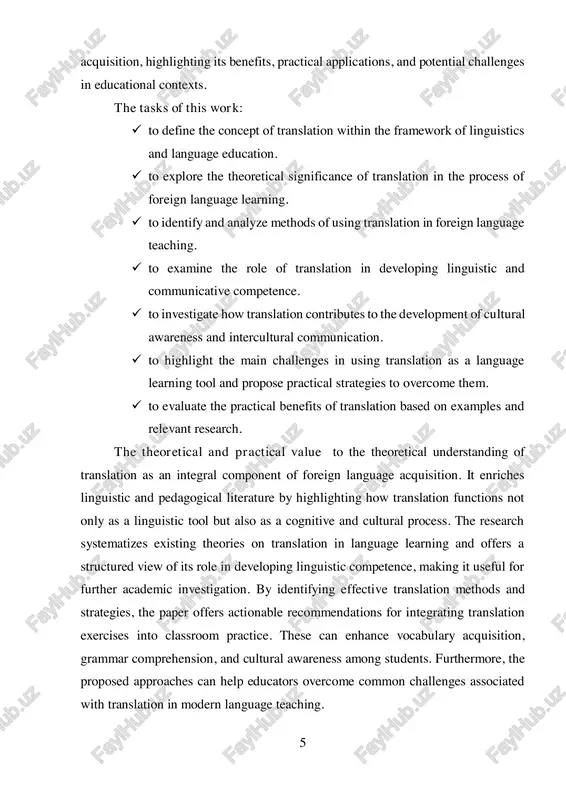 he descriptive method explained how translation is applied in practice. observations from language learning settings were also included to understand the impact of translation. finally, an analytical method was used to evaluate results and draw conclusions. the structure of this course work consists of introduction, two main chapters, conclusion, resume and the list of used literature. 7 chapter i. theoretical foundations of translation and foreign language acquisition 1.1 the concept of translation in linguistics translation is a fundamental concept in linguistics that involves transferring meaning from one language to another. it is not limited to replacing words but also requires preserving the original message, context, and cultural elements. linguists such as eugene nida, roman jakobson, and peter newmark have emphasized that translation is both a linguistic and cultural process. jakobson, for instance, categorized translation into three types: intralingual (within the same language), interlingual (between languages), and intersemiotic (between sign systems). …