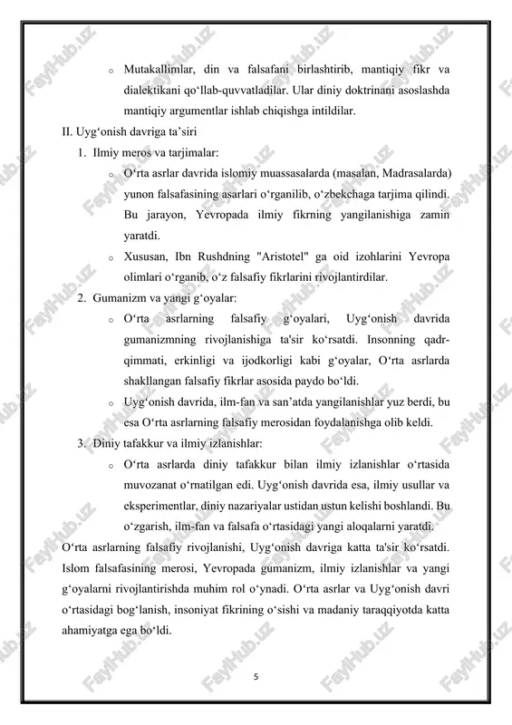 keng tarqaldi. 3. ibn rushd (1126–1198): · ibn rushd, yunon falsafasini islomiy tafakkur bilan bog‘lab, o‘z asarlarida mantiq va nazariyalarni tahlil qildi. uning "aristotelga izohlar" asari, yevropada falsafaning rivojlanishiga katta ta'sir ko‘rsatdi. ilm-fan va falsafa o‘rtasidagi munosabat · ilk oʻrta asr sharq falsafasi, ilm-fan va falsafa o‘rtasidagi o‘zaro bog‘liqlikni kuchaytirdi. matematikadan tortib, astronomiya va tibbiyotgacha bo‘lgan ko‘plab ilmiy tadqiqotlar falsafiy fikrlar bilan boyitildi. · sharq mutafakkirlari, ilmiy metodlarni ishlab chiqishda va yangi nazariyalar yaratishda, falsafiy fikrlarni muhim manba sifatida qabul qildilar. ilk oʻrta asr sharq falsafasi, o‘zining boy tarixi, rivojlanish yo‘nalishlari va ilm-fan bilan aloqalari bilan ajralib turadi. islom dinining tarqalishi va yangi g‘oyalar, bu davrda shakllangan falsafiy fikrni mustahkamladi. sharq falsafasi, nafaqat sharq mintaqasida, balki g‘arb falsafasining rivojlanishida ham muhim rol o‘ynadi. 2. sharqda falsafaning kelib chiqishi va asosiy o'zgarishlar sharqda falsafaning kelib chiqishi va rivojlanishi, ko‘plab tarixiy, ijtimoiy va madaniy omillarga bog‘liq. ushbu jarayon, miloddan avvalgi davrlardan boshlab, …