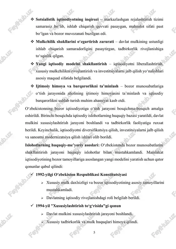 vestitsiyalar hajmi oshdi va xususiy sektor rivojlanishga erishdi. bozor iqtisodiyotining shakllanishi oʻzbekistonda iqtisodiy barqarorlik, tadbirkorlik muhitining yaxshilanishi va aholi farovonligining oshishiga xizmat qilmoqda. kelgusida iqtisodiy islohotlarni yanada chuqurlashtirish, innovatsion texnologiyalarni joriy etish va global bozorga integratsiyalashuv asosiy vazifalardan biri bo‘lib qolmoqda.[footnoteref:2] [2: o‘zbekiston respublikasi prezidenti shavkat mirziyoyevning oliy majlisga murojaatnomalari. – toshkent: “o‘zbekiston”, 2017–2023. ] 2. bozor munosabatlarining shakllanish bosqichlari oʻzbekiston respublikasida bozor munosabatlariga o‘tish bosqichma-bosqich amalga oshirildi. mamlakatda iqtisodiy islohotlar boshlang‘ich davridan boshlab bugungi kungacha to‘rt asosiy bosqichdan iborat bo‘ldi. ushbu bosqichlar iqtisodiy barqarorlik, modernizatsiya va raqobatbardoshlikni oshirishga qaratilgan. 1-bosqich (1991–1996): bozor iqtisodiyotiga oʻtishning boshlangʻich davri mustaqillikka erishgan dastlabki yillarda oʻzbekiston iqtisodiyotida jiddiy muammolar mavjud edi. sobiq sovet ittifoqining parchalanishi natijasida iqtisodiy bog‘liqlik buzilib, ishlab chiqarish pasaydi, davlat budjeti taqchillikka uchradi va inflyatsiya darajasi oshdi. bu davrda bozor munosabatlarini shakllantirishning asosiy vazifasi iqtisodiy barqarorlikni ta’minlash va mustaqil iqtisodiy modelni yaratish edi. ushbu bosqichda amalga oshirilgan asosiy islohotlar: · xususiylashtirish …