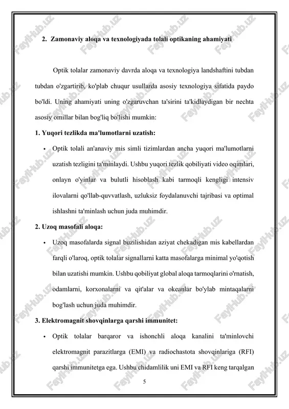 huquqni muhofaza qilish organlari va muhim infratuzilmani himoya qilish uchun yuqori sifatli, real vaqt rejimida video monitoringini ta'minlaydi. ko'ngilochar va ommaviy axborot vositalarini iste'mol qilish: · optik tolali ma'lumotlarni yuqori tezlikda uzatish imkoniyatlari ko'ngilochar sanoatni o'zgartirib, yuqori aniqlikdagi videolarni uzluksiz uzatish, onlayn o'yinlar va multimedia kontentini yetkazib berish imkonini berdi. bu iste'molchilar tajribasini boyitdi, ko'ngilochar variantlarni kengaytirdi va raqamli ko'ngilochar platformalar va xizmatlarning rivojlanishiga turtki bo'ldi. atrof-muhit va energiya samaradorligi: · optik tolali tarmoqlar an'anaviy misga asoslangan tizimlarga qaraganda ancha tejamkor bo'lib, ma'lumotlarni uzatish va texnik xizmat ko'rsatish uchun kamroq quvvat talab qiladi. ushbu energiya samaradorligi yanada yashil va barqaror kelajak sari global sa'y-harakatlar bilan uyg'unlashgan holda uglerod chiqindilarini kamaytirish, ekologik barqarorlik va xarajatlarni tejashga yordam beradi. qishloq va chekka hududlarda ulanish: · optik tolali texnologiya ilgari xizmat ko'rsatilmagan yoki chekka hududlarga ulanishni kengaytirib, raqamli tafovutni bartaraf etdi va muhim xizmatlar, ta'lim, sog'liqni saqlash va iqtisodiy imkoniyatlardan foydalanish imkonini berdi. …