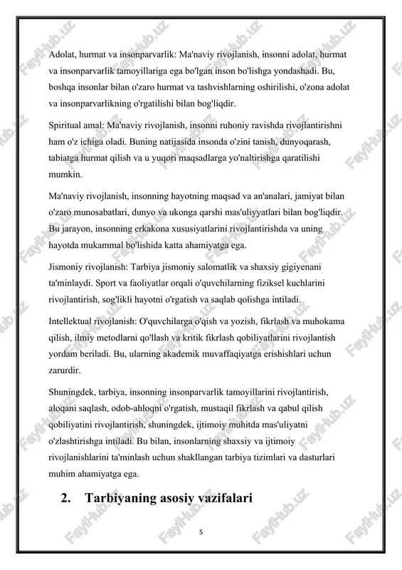 va amaliy mahoratlarini rivojlantirishda muhim rol o'ynaydi. bu jarayon, ularni mustaqil fikrlash, muhokama qilish, ilmiy va amaliy savollar yechish, yangi xilma-xil muammolar bilan bog'liq muammolarga yondashish va ijtimoiy rivojlanishlarida ishtirok etishga tayyorlaydi. ma'naviy tarbiya: tarbiya, o'quvchilarga adolat, hurmat, insonparvarlik, sabr, xizmatkorlik va boshqalar kabi ma'naviy qadriyatlar tushunish va ularga rioya qilishni o'rgatadi. bu, insonlarning ruhiy-ma'naviy tarbiyasi va shaxsiyati rivojlantirish uchun muhimdir. ijtimoiy va madaniy tarbiya: tarbiya, o'quvchilarga ijtimoiy qonunlar va qarorlar, ommaviy mas'uliyat va jamiyatdagi o'z vazifalarini tushunishga yordam beradi. bu, ularni o'zaro hurmat, maslaxat, madaniy va ijtimoiy tushunchalarga rioya qilishga tayyorlash uchun muhimdir. jismoniy tarbiya: tarbiya, o'quvchilarga sog'likni saqlashga va jismoniy faollikni rivojlantirishga intiladi. bu, sport, yog', mashq, to'qima, taomlanish va boshqa faoliyatlar orqali amalga oshiriladi. tahlil va muhokama qilish qobiliyatlarini o'rgatish: tarbiya o'quvchilarga mustaqil fikrlash, o'qish va yozish, tahlil va muhokama qilish qobiliyatlarini rivojlantirishga yordam beradi. bu, ularni o'z fikrlarini ifoda qilish, savollar berish va masalalar tug'ilishiga o'rgatadi. …