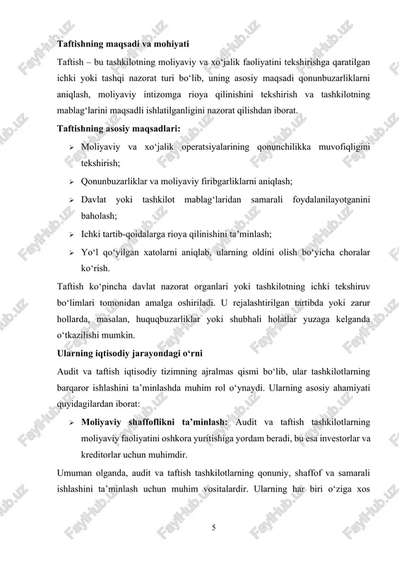 jihatlari audit va taftish quyidagi jihatlari bilan bir-biriga o‘xshashdir: · tashkilot faoliyatini tekshirishga qaratilganligi – ikkala jarayon ham moliyaviy hisobotlarning ishonchliligini, mablag‘lardan to‘g‘ri foydalanilganligini va qonuniylikka rioya qilinganligini tekshiradi. · moliyaviy hujjatlarga asoslanishi – audit ham, taftish ham tashkilotning moliyaviy hujjatlari, buxgalteriya hisoboti, shartnomalar va boshqa moliyaviy ma’lumotlarni tahlil qilish orqali amalga oshiriladi. · xatolar va kamchiliklarni aniqlash – har ikki jarayonning asosiy vazifalaridan biri tashkilot faoliyatida yuzaga kelishi mumkin bo‘lgan xatolar, qonunbuzarliklar yoki iqtisodiy kamchiliklarni aniqlash va ularning oldini olishdir. · nazorat tizimining samaradorligini oshirish – audit va taftish natijasida tashkilot ichki nazorat tizimining zaif tomonlari aniqlanib, ularni mustahkamlash bo‘yicha tavsiyalar beriladi. · tashkilot rahbariyati va manfaatdor tomonlar uchun muhim axborot manbai bo‘lishi – har ikki jarayon tashkilotning moliyaviy holati to‘g‘risida ishonchli ma’lumot taqdim etib, kelgusidagi qarorlarni qabul qilish uchun asos bo‘lib xizmat qiladi. audit va taftish natijalarining tashkilot uchun ahamiyati audit va taftish natijalari tashkilot uchun quyidagi jihatlari …