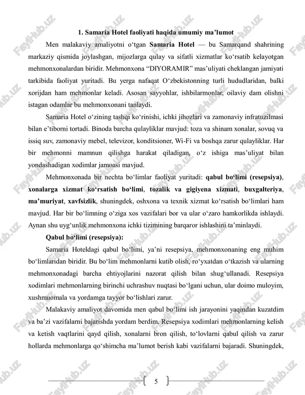 o‘nikmalarini o‘rgandim. xonalarga xizmat ko‘rsatish bo‘limi: samaria hoteldagi xonalarga xizmat ko‘rsatish bo‘limi mehmonlarning qulayligi va farovonligini ta’minlash uchun juda muhim bo‘limlardan biridir. 2-rasm. xonalarga xizmat ko‘rsatish bo‘limi 8 bu bo‘lim xonalarni tozalash, jihozlarni tartibda saqlash, kerakli ehtiyot qismlar va materiallar bilan ta’minlash kabi vazifalarni bajaradi. xonalarga xizmat ko‘rsatish bo‘limi xodimlari — bu tozalovchi va xizmat ko‘rsatuvchi mutaxassislar bo‘lib, ular mehmonlarning yashash joyini doimo toza va shinam holda ushlab turadilar. amaliyot vaqtida men ushbu bo‘limning kundalik ish faoliyati bilan yaqindan tanishdim. xodimlar har kuni xonalarni tozalash, sochiq va choyshablarni almashtirish, xona jihozlarining to‘g‘ri ishlashini nazorat qilish, shuningdek, mehmonlarning istak va muammolariga tezkor javob berish bilan shug‘ullanadi. ular mijozlarning qulayligini ta’minlash uchun har tomonlama e’tiborli va doimo tayyor turadilar. bu bo‘limda ishlash uchun nafaqat jismoniy chidamlilik, balki e’tibor, tezlik va mas’uliyat ham juda zarur. chunki mehmonlarning xizmatdan qoniqishi ko‘p jihatdan xonalar tozaligi va tartibiga bog‘liq. shuning uchun xonalarga xizmat ko‘rsatish bo‘limi xodimlari …
