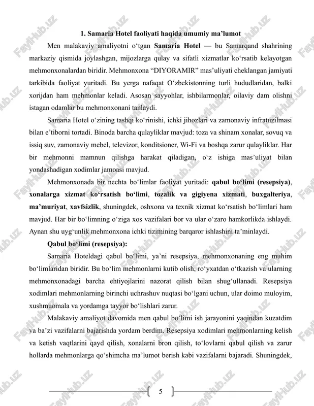 ‘rgandim. xonalarga xizmat ko‘rsatish bo‘limi: samaria hoteldagi xonalarga xizmat ko‘rsatish bo‘limi mehmonlarning qulayligi va farovonligini ta’minlash uchun juda muhim bo‘limlardan biridir. 2-rasm. xonalarga xizmat ko‘rsatish bo‘limi bu bo‘lim xonalarni tozalash, jihozlarni tartibda saqlash, kerakli ehtiyot qismlar va materiallar bilan ta’minlash kabi vazifalarni bajaradi. xonalarga xizmat ko‘rsatish bo‘limi xodimlari — bu tozalovchi va xizmat ko‘rsatuvchi mutaxassislar bo‘lib, ular mehmonlarning yashash joyini doimo toza va shinam holda ushlab turadilar. amaliyot vaqtida men ushbu bo‘limning kundalik ish faoliyati bilan yaqindan tanishdim. xodimlar har kuni xonalarni tozalash, sochiq va choyshablarni almashtirish, xona jihozlarining to‘g‘ri ishlashini nazorat qilish, shuningdek, mehmonlarning istak va muammolariga tezkor javob berish bilan shug‘ullanadi. ular mijozlarning qulayligini ta’minlash uchun har tomonlama e’tiborli va doimo tayyor turadilar. bu bo‘limda ishlash uchun nafaqat jismoniy chidamlilik, balki e’tibor, tezlik va mas’uliyat ham juda zarur. chunki mehmonlarning xizmatdan qoniqishi ko‘p jihatdan xonalar tozaligi va tartibiga bog‘liq. shuning uchun xonalarga xizmat ko‘rsatish bo‘limi xodimlari ishni puxta …