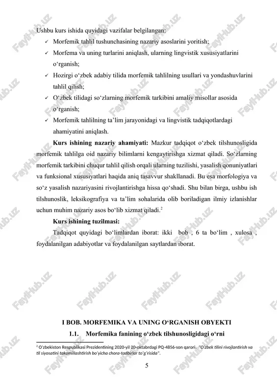 ini, ya’ni morfemalarni tadqiq qiladi. morfemik tahlil so‘z yasalishi, shakllanishi va grammatik tuzilishining ilmiy asoslarini o‘rganishda muhim ahamiyat kasb etadi. o‘zbek tilshunosligida morfemika mustaqil ilmiy yo‘nalish sifatida shakllangan bo‘lib, u asosan xx asrning ikkinchi yarmida jadal rivojlandi. morfemika nafaqat nazariy jihatdan, balki amaliy jihatdan ham muhim ahamiyatga ega bo‘lib, tilshunoslik, ta’lim, tarjima, kompyuter lingvistikasi va leksikografiya kabi yo‘nalishlarda keng qo‘llaniladi. morfemikaning o‘zbek tilshunosligidagi ahamiyati. o‘zbek tilida so‘zlarning tarkibiy tuzilishini aniqlash, ularning hosil bo‘lish qonuniyatlarini tushunish va grammatik tahlil qilishda morfemika fani katta o‘rin tutadi. uning ahamiyatini quyidagi jihatlar bo‘yicha ko‘rib chiqish mumkin: · til tizimining tuzilishini o‘rganish · so‘zlarning qanday qismlardan iborat ekanini aniqlash va ularning ma’no hamda grammatik vazifalarini belgilash imkonini beradi. · so‘z yasalishi va grammatik shakllanish jarayonlarini tadqiq qilish · morfemik tahlil orqali yangi so‘zlarning qanday hosil bo‘lishi va grammatik shakllar qanday o‘zgarishini tushunish mumkin. · leksikografiya va lug‘atshunoslikdagi roli · so‘zlarning tuzilishini o‘rganish orqali yangi so‘zlar …