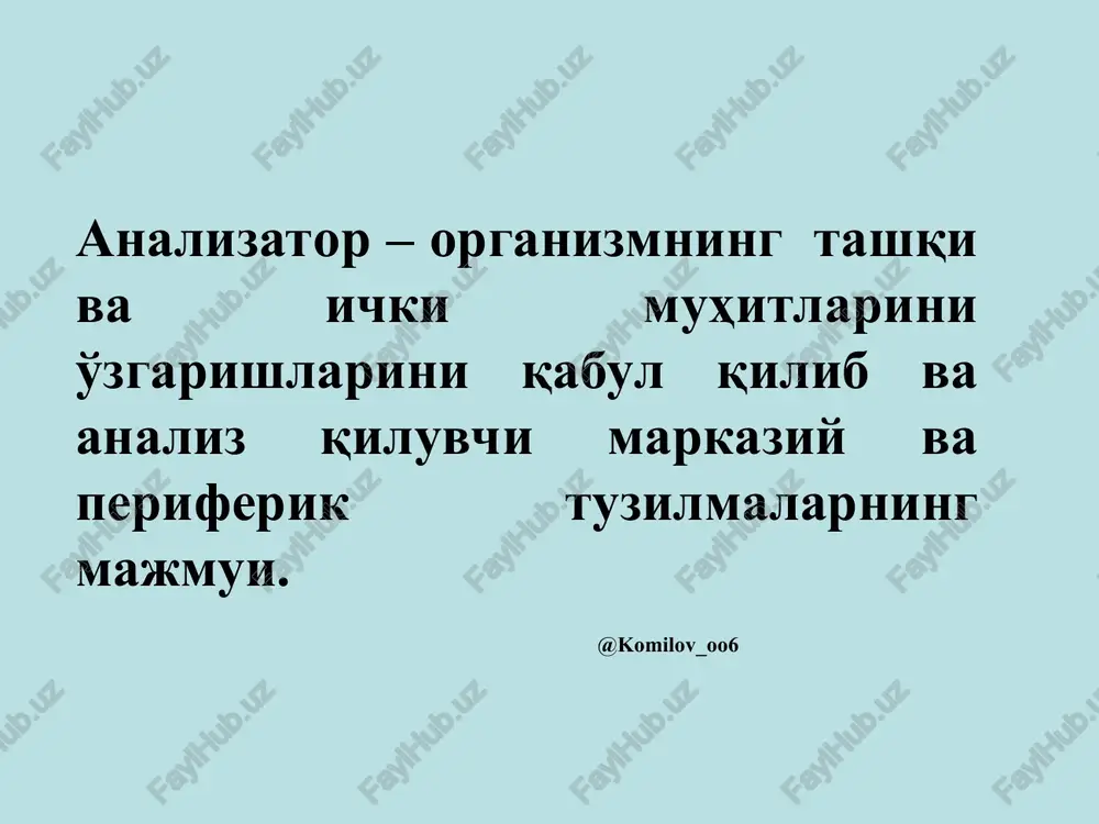 a nisbatan oshadi. membrana depolyarizatsiyalanadi – retseptor potentsiali xosil bo'ladi ta'm sezishni buzilishlari agevziya – yo'qolishi gipogevziya – pasayishi gipergevziya – oshishi paragevziya – ta'm sezishni buzilib sezilishi disgevziya – ta'mli moddalarni nozik analizini buzilishi ta'm gallyutinatsiyalari ta'm agnoziyasi – sezadi lekin aytolmaydi. hid sezish analizatori periferik qismi yuqori burun yo'lining orqa qismida joylashgan. odamda retseptorlarning umumiy soni 10 mln ga yaqin, birlamchi sezuvchi retseptorlarga taaluqli ta'sir qiladigan hidli moddaning molekulasi retseptor membranasidagi oqsil shakliga mos kelsa, kontakt vujudga keladi, oqsil konfiguratsiyasi o'zgaradi, natriy kanallari ochiladi, membrana depolyarizatsiyalanadi, rp hosil bo'ladi. o'tkazuvchi yo'llar yordamida markaziy qismiga – noksimon bo'lakni oldingi qismiga – gippokampga xp etkaziladi. odam asosan 7 ta asosiy birlamchi hidlarni sezishga ega: kamforaga o'xshash gul muskat yalpiz efir chiriq o'tkir birlamchi hidlar aralashishi natijasida boshqa hid sezgilari paydo bo'ladi. hid sezishi bog'liq: hidli moddalarning kimyoviy strukturasiga havodagi kontsentratsiyasiga burundan o'tish tezligiga retseptorlarning funktsional holatiga hid sezishning buzilishlari gipoosmiya …