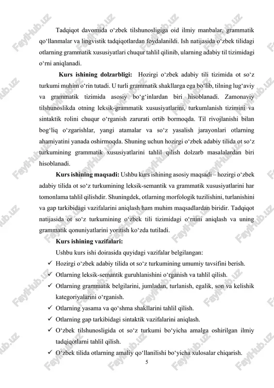 otlarning tildagi roli, grammatik shakllanishi, gap tarkibidagi funksiyasi va qo‘llanilish xususiyatlari o‘rganiladi. o‘zbek tilshunosligidagi ilmiy manbalar, grammatik qo‘llanmalar va adabiy matnlar tahlil obyekti sifatida xizmat qiladi. kurs ishining predmeti: ushbu kurs ishining predmeti – hozirgi o‘zbek adabiy tilida ot so‘z turkumining grammatik, leksik-semantik va sintaktik xususiyatlarini o‘rganishdan iborat. xususan, otlarning shakllanishi, turlanishi, gap tarkibidagi vazifalari va ularning til tizimidagi o‘rni tadqiqot predmetini tashkil etadi. kurs ishining metodik asosi: kurs ishini bajarishda tilshunoslikning turli uslublaridan foydalanildi. jumladan: · ta’riflash usuli – otlarning umumiy grammatik va leksik-semantik tavsifini berish uchun qo‘llanildi. · tahlil usuli – otlarning grammatik shakllari va ularning gap tarkibidagi o‘rnini aniqlash uchun ishlatildi. · taqqoslash usuli – otlarning turkumlanishi va grammatik xususiyatlari boshqa mustaqil so‘z turkumlari bilan qiyosiy tahlil qilindi. · struktur-semantik usul – otlarning ma’no jihatdan guruhlanishini o‘rganish uchun foydalanildi. · statistik usul – otlarning qo‘llanilish chastotasi va grammatik shakllarining matnlardagi holati yuzasidan xulosalar chiqarildi. tadqiqot davomida o‘zbek …
