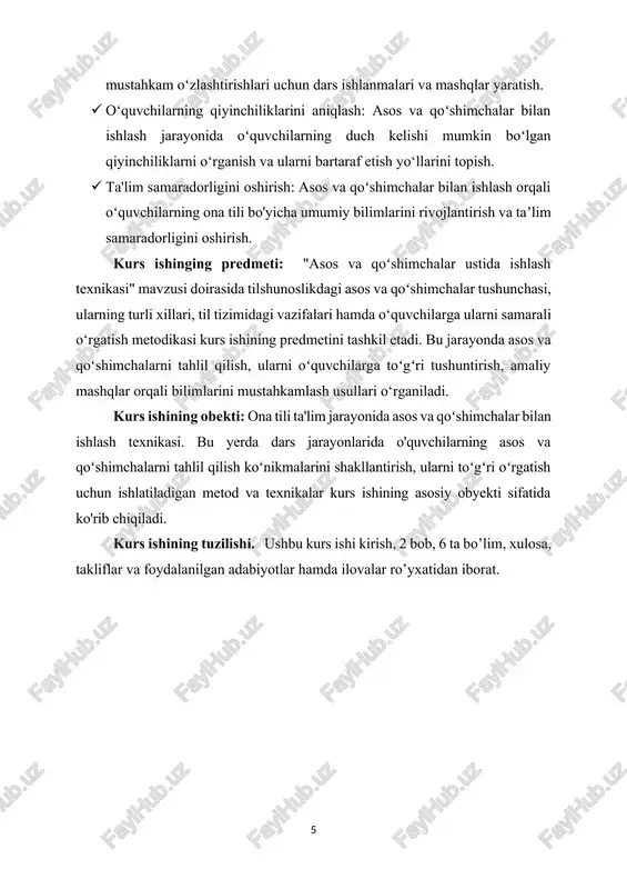 rtasidagi munosabat tilning boyligi va ifodalash imkoniyatlarini kengaytiradi. asos va qoʻshimchalar ustida ishlash texnikasi o‘quvchilarda morfologik tahlil qilish koʻnikmalarini rivojlantirishda asosiy vosita sifatida xizmat qiladi. ushbu bobda asos va qoʻshimchalar tushunchalari, ularning tilshunoslikdagi o'rni va bir-biriga bo'lgan munosabatlari haqida batafsil tushuncha berildi. asos va qoʻshimchalar orqali so‘z boyligi oshadi va yangi soʻzlar hosil bo‘ladi. shuning uchun asos va qoʻshimchalar ustida ishlash texnikasi ona tili taʼlimining muhim qismidir. tilshunoslikda asos va qoʻshimcha soʻzning tarkibini tashkil etuvchi eng asosiy unsurlar hisoblanadi. ularning har biri til tizimida muhim oʻrin tutadi va o‘z vazifalarini bajaradi. asos va qoʻshimcha tilning morfologik strukturasini shakllantiradi va so‘zlarning yasanishi, shakllanishi hamda maʼno jihatdan oʻzgarishi uchun xizmat qiladi. asosning tilshunoslikdagi oʻrni asos soʻzning mustaqil maʼnoga ega qismi hisoblanib, boshqa soʻzlar bilan bogʻlanmasdan ham alohida tushunarli boʻladi. til tizimida asosning o'rni quyidagilardan iborat: · ma'no tashuvchi birlik: asos soʻzning asosiy mazmunini belgilab beradi va boshqa qoʻshimchalar unga bogʻlanib, yangi maʼnolar …