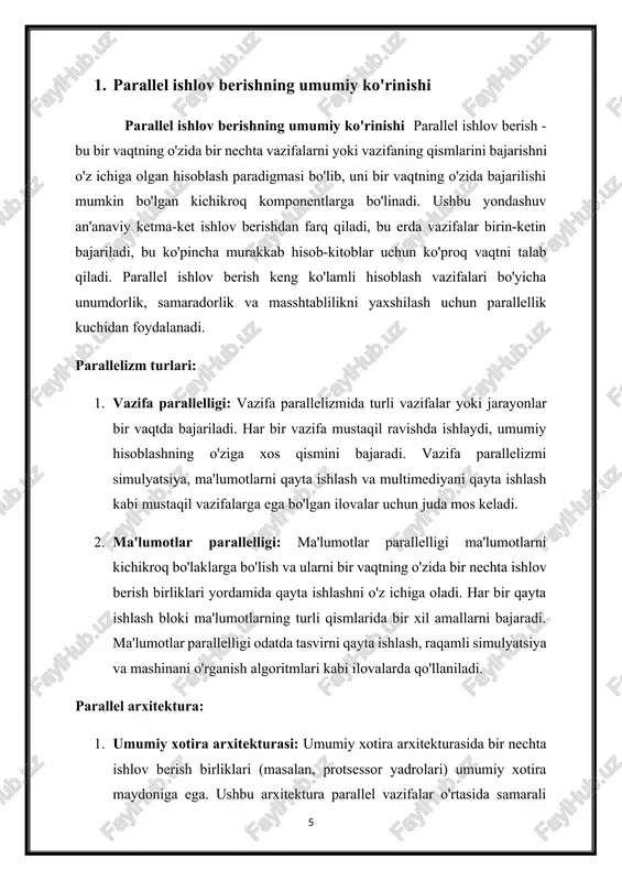 atlash: foydalanishni maksimal darajada oshirish va bo'sh vaqtni kamaytirish uchun hisoblash ish yuklarini qayta ishlash birliklari bo'ylab teng ravishda taqsimlash. 3. aloqa uchun qo'shimcha xarajatlar: ishlashning pasayishini minimallashtirish uchun taqsimlangan xotira arxitekturalarida aloqa yukini va kechikish vaqtini boshqarish. 4. masshtablilik: muammo o'lchamlari va hisoblash resurslarini oshirish bilan samarali miqyoslashi mumkin bo'lgan parallel algoritmlar va arxitekturalarni loyihalash. ilovalar: parallel ishlov berish turli domenlardagi ilovalarni topadi, jumladan: · ilmiy simulyatsiya va modellashtirish · katta ma'lumotlarni tahlil qilish va qayta ishlash · tasvir va signalni qayta ishlash · hisoblash moliyasi va risklarni tahlil qilish · sun'iy intellekt va mashinani o'rganish xulosa qilib aytganda, parallel ishlov berish murakkab hisoblash vazifalarini samarali hal qilish uchun parallellik kuchidan foydalangan holda hisoblashni inqilob qiladi. turli arxitekturalar va dasturlash modellari bo'yicha parallelizmni qo'llagan holda, tashkilotlar ilm-fan, texnologiya va sanoatdagi yutuqlarga yo'l ochib, o'z ilovalarida yaxshilangan ishlash, masshtablilik va sezgirlikni ochib beradi. 2. parallel dasturlash modellari parallel dasturlash modellari …