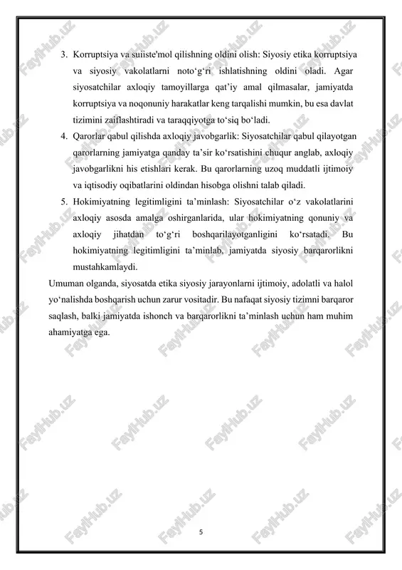 altirishi zarur. siyosatda professional etikaning ahamiyati: 1. siyosiy ishonchni mustahkamlash: siyosatchilarning axloqiy tamoyillarga rioya qilishi jamoatchilik ishonchini oshiradi. bu esa siyosiy tizimning barqarorligi va davlat boshqaruvining samaradorligini ta’minlaydi. 2. siyosiy jarayonlarning shaffofligi va adolatliligi: professional etika siyosiy jarayonlarda shaffoflik va adolatni ta’minlaydi. bu siyosatchilarning faoliyatini nazorat qilish va ularning qarorlarining jamiyat manfaatlariga mos kelishini ta’minlashga yordam beradi. 3. korruptsiyaga qarshi kurash : siyosatda professional etika korruptsiyaga qarshi muhim vosita hisoblanadi. u siyosatchilarning shaxsiy manfaatlarini jamiyat manfaatlaridan ustun qo‘yishini cheklaydi va hokimiyatni suiiste’mol qilishga yo‘l qo‘ymaydi. shunday qilib, siyosatda professional etika siyosatchilarning axloqiy tamoyillarga rioya qilishini nazorat qilish, davlat boshqaruvida halollik va adolatni ta’minlash uchun zarur bo‘lgan me’yorlar yig‘indisi sifatida muhim ahamiyat kasb etadi. 2. yangi axloq siyosati yangi axloq siyosati — bu zamonaviy siyosiy jarayonlarda paydo bo‘lgan axloqiy tamoyillar, me’yorlar va yondashuvlarni ifodalaydi. xxi asrda siyosiy muhit, texnologiyalar rivojlanishi, globalizatsiya va ekologik muammolar kabi omillar tufayli an'anaviy axloqiy tamoyillar o‘zgarib, …