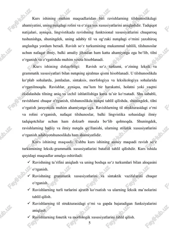 ammatik xususiyatlari haqidagi ilmiy tushunchalar kengaytiriladi va nutqning o‘ziga xos jihatlari yaxshiroq tushuniladi. kurs ishining obyekti: kurs ishining obyekti ravish so‘z turkumi va uning tilshunoslikdagi o‘rni bo‘lib, u til strukturasidagi alohida bir bo‘limni tashkil etadi. ravish so‘z turkumi tilning sintaktik va morfologik tuzilmasida o‘ziga xos xususiyatlarga ega bo‘lib, ularning har biri o‘ziga xos vazifalarni bajaradi. ravishlar harakatni, holatni, vaqtni, joyni, miqdorni va maqsadni ifodalashda ishlatiladi. obyekt sifatida ravishlarning til strukturasidagi funksional xususiyatlari va ularning nutqda qanday ishlatilishi alohida tahlil qilinadi. kurs ishining predmeti: kurs ishining predmeti ravish so‘z turkumining leksik-grammatik xususiyatlari, ularning ma’nolari, grammatik shakllanishi va gap tarkibidagi o‘rni bo‘ladi. predmet sifatida ravishlarning sintaktik vazifalari, fonetik va morfologik o‘zgarishlari, shuningdek, ravishlar va boshqa so‘z turkumlari (fe’l, sifat, predlog) o‘rtasidagi o‘zaro munosabatlar ko‘rib chiqiladi. kurs ishida ravishlarning nutqdagi ishlatilishidagi farqlar, turli xilligi va til tizimiga ta’siri tahlil qilinadi. ravishning tilshunoslik va amaliy nutqdagi rolini tushunishga yordam beruvchi ilmiy yondoshuvlar predmet sifatida …