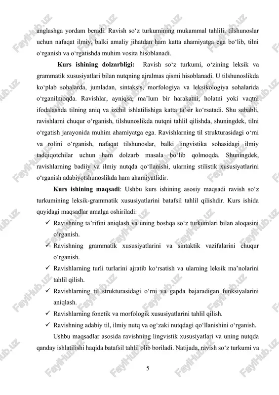 ish so‘z turkumi va uning leksik-grammatik xususiyatlari haqidagi ilmiy tushunchalar kengaytiriladi va nutqning o‘ziga xos jihatlari yaxshiroq tushuniladi. kurs ishining obyekti: kurs ishining obyekti ravish so‘z turkumi va uning tilshunoslikdagi o‘rni bo‘lib, u til strukturasidagi alohida bir bo‘limni tashkil etadi. ravish so‘z turkumi tilning sintaktik va morfologik tuzilmasida o‘ziga xos xususiyatlarga ega bo‘lib, ularning har biri o‘ziga xos vazifalarni bajaradi. ravishlar harakatni, holatni, vaqtni, joyni, miqdorni va maqsadni ifodalashda ishlatiladi. obyekt sifatida ravishlarning til strukturasidagi funksional xususiyatlari va ularning nutqda qanday ishlatilishi alohida tahlil qilinadi. kurs ishining predmeti: kurs ishining predmeti ravish so‘z turkumining leksik-grammatik xususiyatlari, ularning ma’nolari, grammatik shakllanishi va gap tarkibidagi o‘rni bo‘ladi. predmet sifatida ravishlarning sintaktik vazifalari, fonetik va morfologik o‘zgarishlari, shuningdek, ravishlar va boshqa so‘z turkumlari (fe’l, sifat, predlog) o‘rtasidagi o‘zaro munosabatlar ko‘rib chiqiladi. kurs ishida ravishlarning nutqdagi ishlatilishidagi farqlar, turli xilligi va til tizimiga ta’siri tahlil qilinadi. ravishning tilshunoslik va amaliy nutqdagi rolini tushunishga yordam …