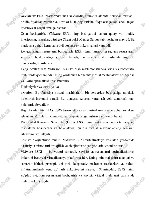 ing yuqori samaradorligi bilan tanilgan. resurslarni boshqarish va samaradorlik xususiyat vmware esxi microsoft hyper-v citrix xenserver resurslar monitoringi vcenter server orqali real vaqt rejimida monitoring hyper-v manager yoki scvmm orqali monitoring xencenter orqali monitoring cpu va xotira boshqaruvi cpu va xotira resurslarini virtual mashinalar orasida samarali taqsimlash cpu va xotira resurslarini samarali taqsimlash, dynamic memory qo‘llanadi cpu va xotira resurslarini taqsimlashda samarali boshqarish kengaytirilgan imkoniyatlar vmotion, drs, ha, ft kabi kengaytirilgan imkoniyatlar live migration, dynamic memory, qos xenmotion, high availability (ha), distributed resource management vmware esxi ko‘plab kengaytirilgan imkoniyatlarga ega, masalan, vmotion (virtual mashinalarni boshqa serverlarga uzluksiz ko‘chirish), drs (dynamic resource scheduler) va fault tolerance. microsoft hyper-v esa live migration va dynamic memory kabi xususiyatlar bilan ajralib turadi. citrix xenserver ham o‘zining xenmotion va high availability (ha) imkoniyatlari bilan kuchli. xavfsizlik xususiyat vmware esxi microsoft hyper-v citrix xenserver xavfsizlik siyosatlari hypervisor darajasida xavfsizlik, vm-level isolation hyper-v izolyatsiyasi va shielded vms …