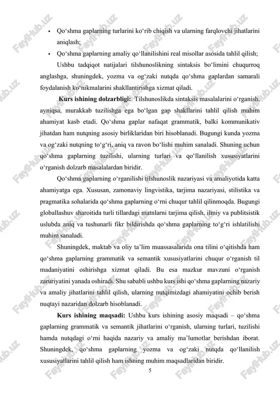 r quyidagilardan iborat: · qo‘shma gap tushunchasining nazariy asoslarini o‘rganish va uning boshqa gap turlaridan farqini aniqlash; · qo‘shma gaplarning turlarini tizimli ravishda tahlil qilish, ularning tuzilishiga ko‘ra farqlovchi jihatlarini ochib berish; · qo‘shma gaplarning yozma va og‘zaki nutqda qanday ishlatilishini misollar orqali yoritish; · qo‘shma gaplarning stilistik va pragmatik ahamiyatini aniqlash. ushbu maqsadlar asosida olib borilgan tadqiqot natijalari qo‘shma gaplarning tilshunoslikdagi o‘rnini yanada chuqurroq tushunishga yordam beradi va amaliy nutqiy kompetensiyani oshirishga xizmat qiladi. kurs ishining vazifalari: · qo‘shma gap tushunchasini aniqlash – qo‘shma gaplarning umumiy ta’rifi va boshqa gap turlaridan farqini izohlash. · qo‘shma gaplarning grammatik tuzilishini o‘rganish – ularning hosil bo‘lishi va tuzilishiga ko‘ra tasnifini tahlil qilish. · qo‘shma gaplarning turlarini o‘rganish – bog‘langan, bog‘lovchisiz va ergashgan qo‘shma gaplarning o‘ziga xos xususiyatlarini tahlil qilish. · qo‘shma gaplarning sintaktik va semantik xususiyatlarini tahlil qilish – ular orasidagi bog‘lanish usullari va ma’no munosabatlarini aniqlash. · qo‘shma gaplarning stilistik va …