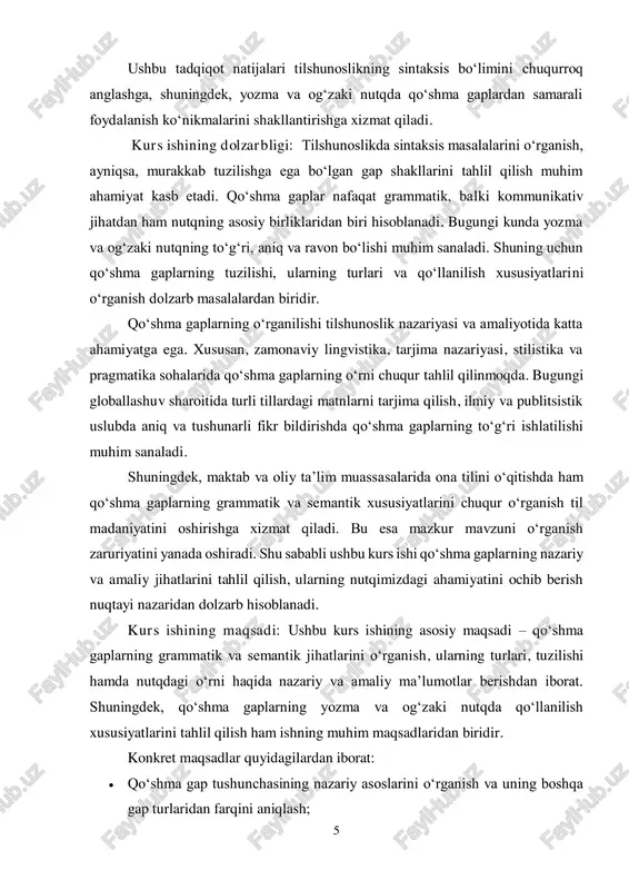 p tushunchasining nazariy asoslarini o‘rganish va uning boshqa gap turlaridan farqini aniqlash; 6  qo‘shma gaplarning turlarini tizimli ravishda tahlil qilish, ularning tuzilishiga ko‘ra farqlovchi jihatlarini ochib berish;  qo‘shma gaplarning yozma va og‘zaki nutqda qanday ishlatilishini misollar orqali yoritish;  qo‘shma gaplarning stilistik va pragmatik ahamiyatini aniqlash. ushbu maqsadlar asosida olib borilgan tadqiqot natijalari qo‘shma gaplarning tilshunoslikdagi o‘rnini yanada chuqurroq tushunishga yordam beradi va amaliy nutqiy kompetensiyani oshirishga xizmat qiladi. kurs ishining vazifalari:  qo‘shma gap tushunchasini aniqlash – qo‘shma gaplarning umumiy ta’rifi va boshqa gap turlaridan farqini izohlash.  qo‘shma gaplarning grammatik tuzilishini o‘rganish – ularning hosil bo‘lishi va tuzilishiga ko‘ra tasnifini tahlil qilish.  qo‘shma gaplarning turlarini o‘rganish – bog‘langan, bog‘lovchisiz va ergashgan qo‘shma gaplarning o‘ziga xos xususiyatlarini tahlil qilish.  qo‘shma gaplarning sintaktik va semantik xususiyatlarini tahlil qilish – ular orasidagi bog‘lanish usullari va ma’no munosabatlarini aniqlash.  qo‘shma gaplarning stilistik va funksional ahamiyatini o‘rganish – …
