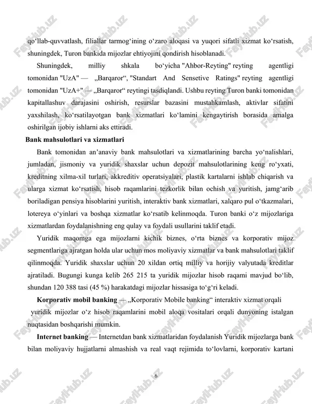 ovchi debit va kredit kartalar. omonatlar — milliy va horijiy valyutada turli xil omonatlar mavjud. mobil banking — „turon mobile“ ilovasi masofaviy bank xizmatlaridan foydalanish imkonini beradi. ilova orqali to‘lovlarni amalga oshirish, kreditni so‘ndirish, „zolotoya korona“ pul o‘tkazmasi orqali yuborilgan pul mablag‘ini kartaga onlayn kirim qilish, kartadagi mablag‘larni boshqa kartalarga o‘tkazish va onlayn kredit olish, onlayn omonat ochish va onlayn konversiya funktsiyalarini amalga oshirish mumkin. pul o‘tkazmalari — turon banki „moneygram“, „contact“, „unistream“, „asiaexpress“ va „upt“ kabi xalqaro pul o‘tkazmalar tizimlari bilan ishlamoqda. shuningdek, respublikamiz bo‘ylab o‘zbekistonda birinchi bo‘lgan milliy va xorijiy valyutalarda pul o‘tkazish tizimi „uzpay“ ishga tushirilgan. jalb qilingan xorijiy kredit liniyalari bank nafaqat chet ellik mutaxassislarni jalb qilish bilan shug‘ullanadi, balki xorijiy banklar bilan uzoq muddatli hamkorlikni yo‘lga qo‘yadi. jumladan: 1. aqshning „cargill financial services international, inc.“ moliya muassasasidan 94 mln. aqsh dollar; 2. „osiyo taraqqiyot banki“ (abr)dan chorvachilikni rivojlantirish maqsadida 50 mln. aqsh dollar; 3. turkiyaning …
